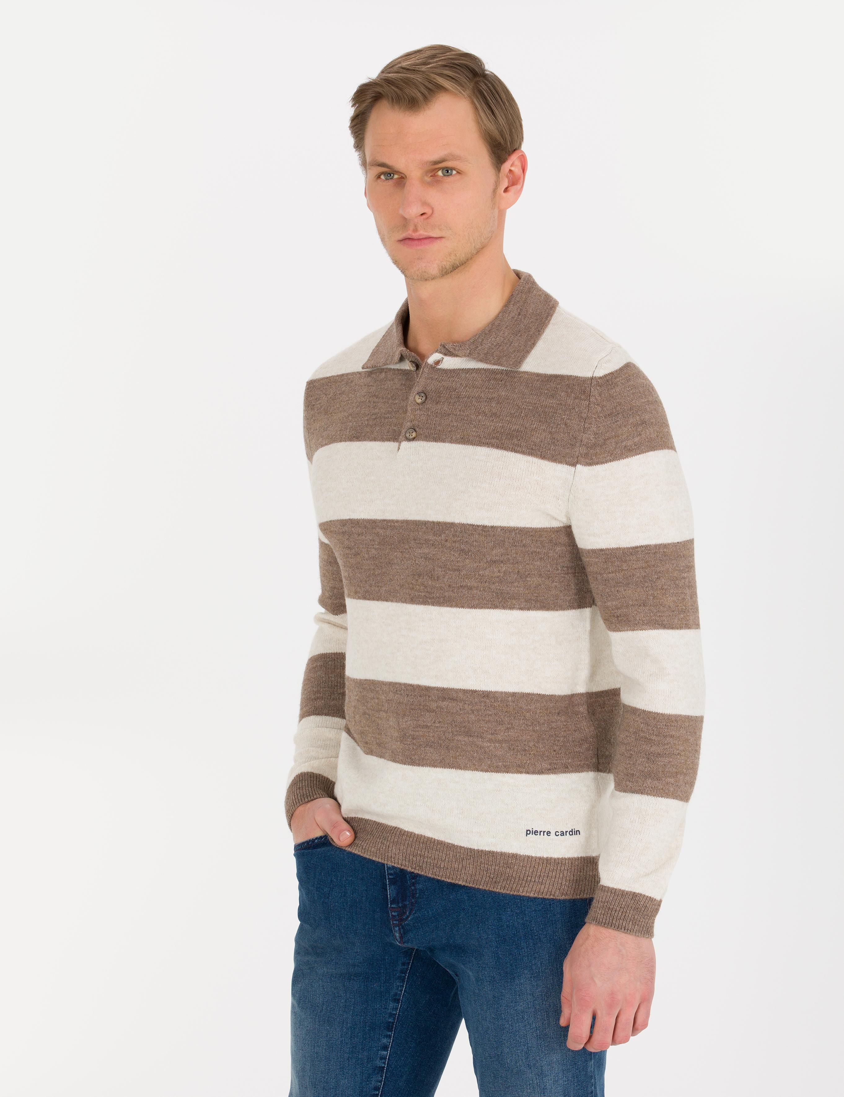 Vizon Melanj Slim Fit Düğmeli Polo Yaka Triko Kazak