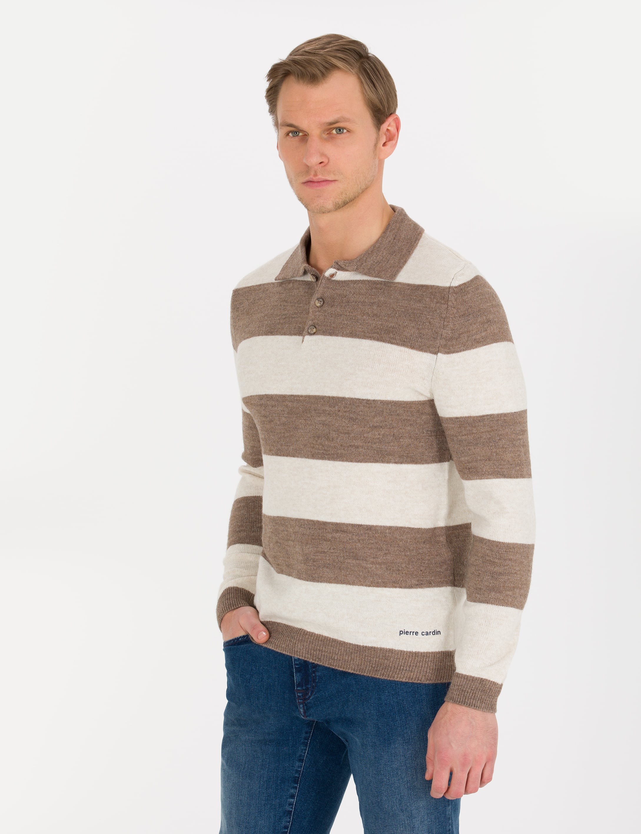 Vizon Melanj Slim Fit Düğmeli Polo Yaka Triko Kazak