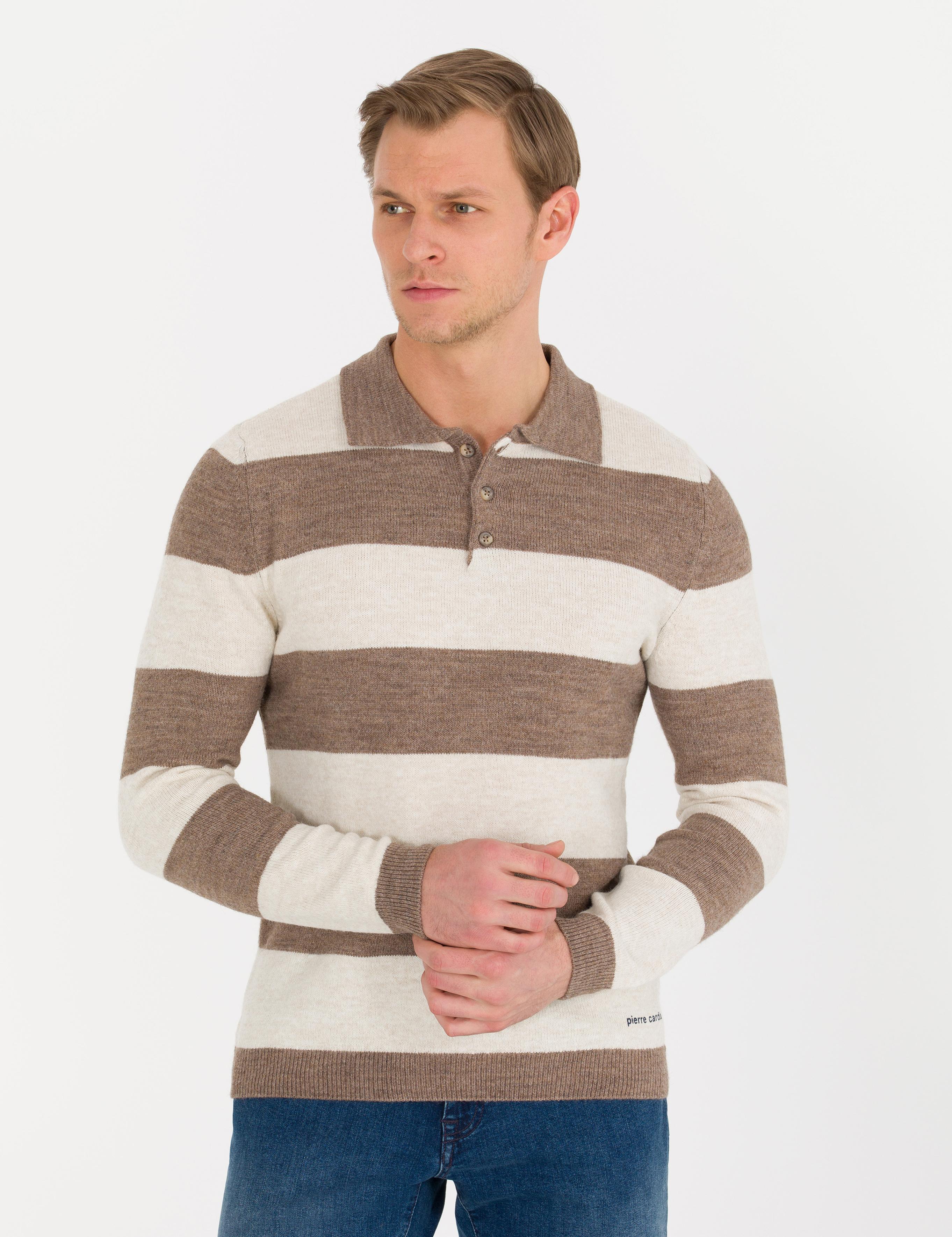 Vizon Melanj Slim Fit Düğmeli Polo Yaka Triko Kazak