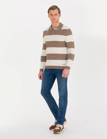 Vizon Melanj Slim Fit Düğmeli Polo Yaka Triko Kazak