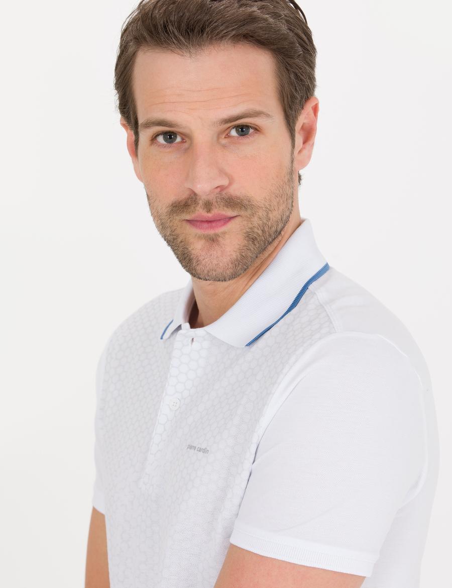 Beyaz Slim Fit Baskılı Polo Yaka Tişört