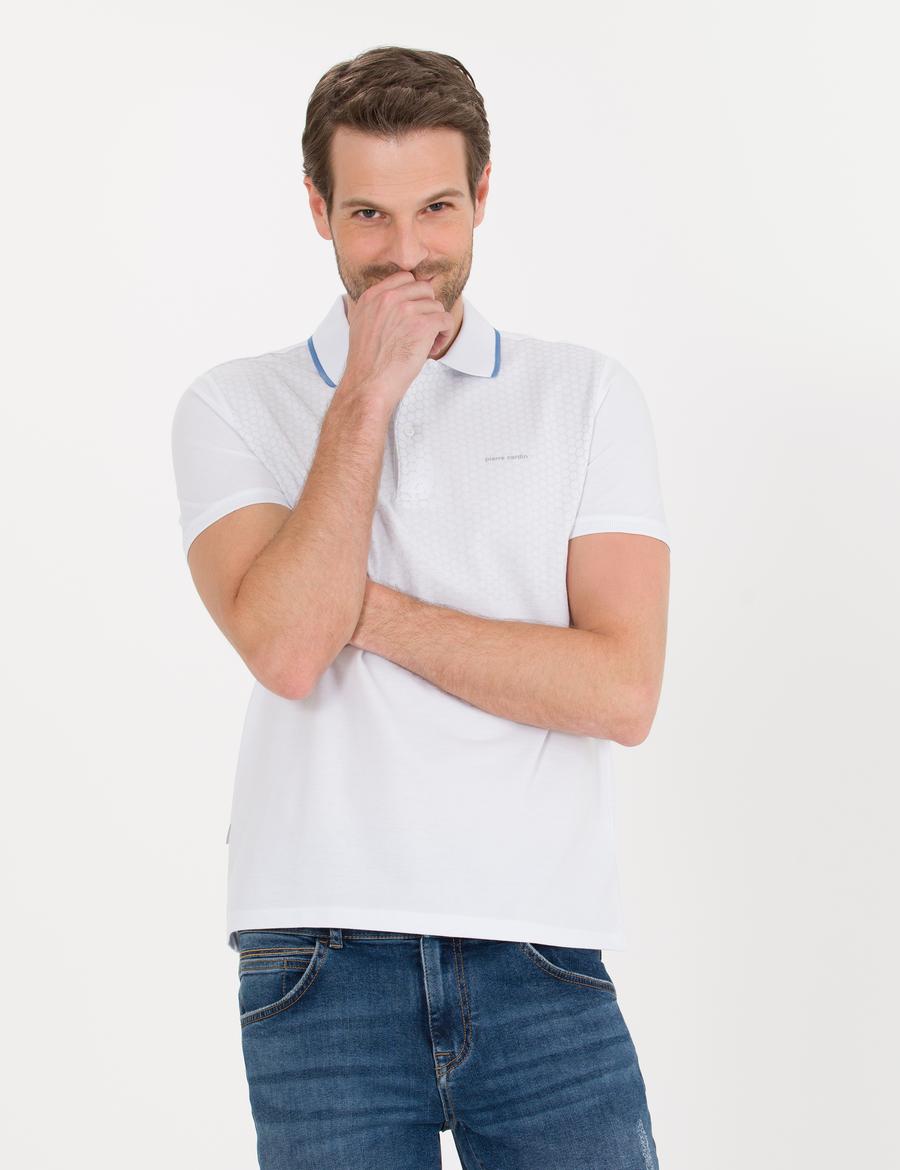 Beyaz Slim Fit Baskılı Polo Yaka Tişört