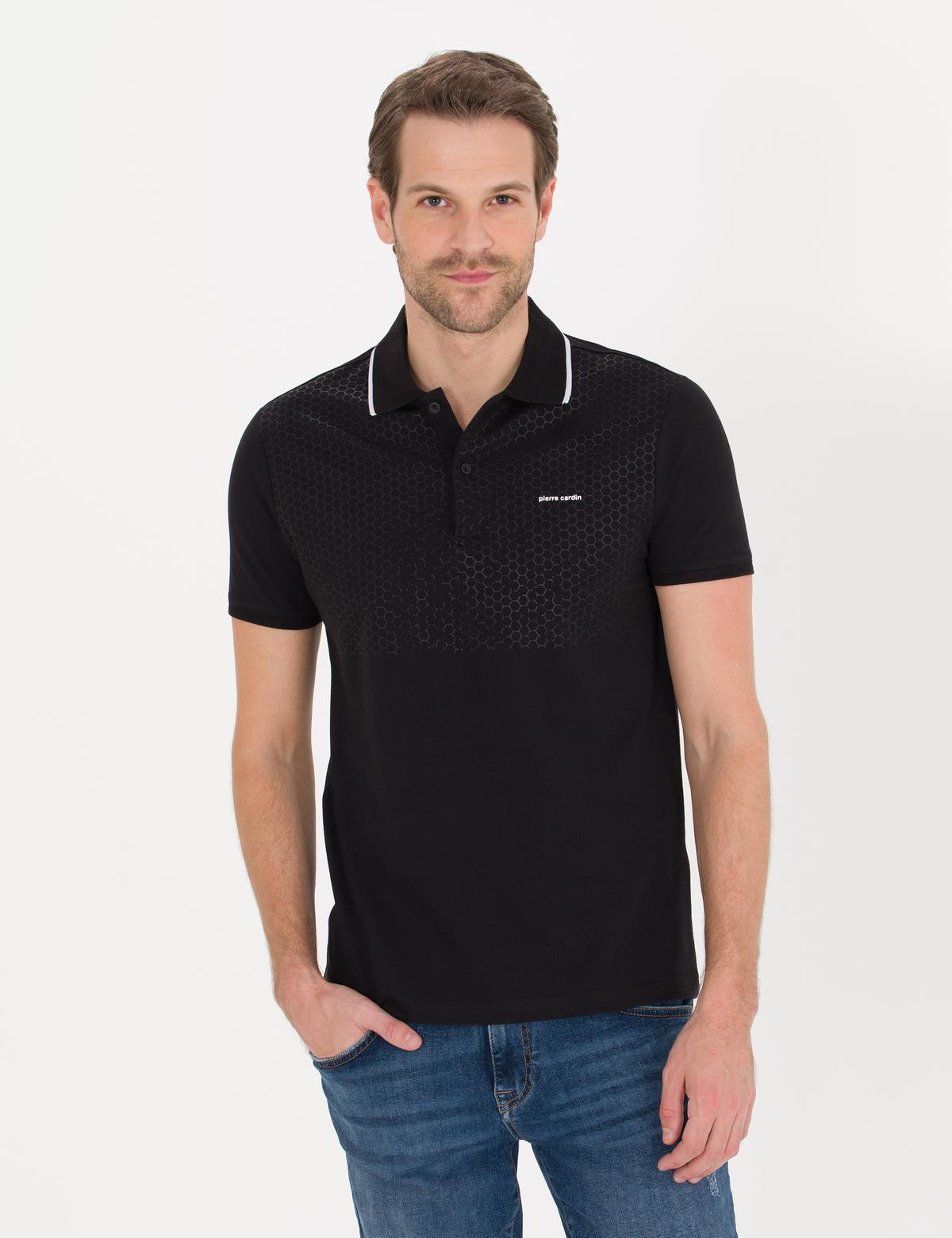 Siyah Slim Fit Baskılı Polo Yaka Tişört
