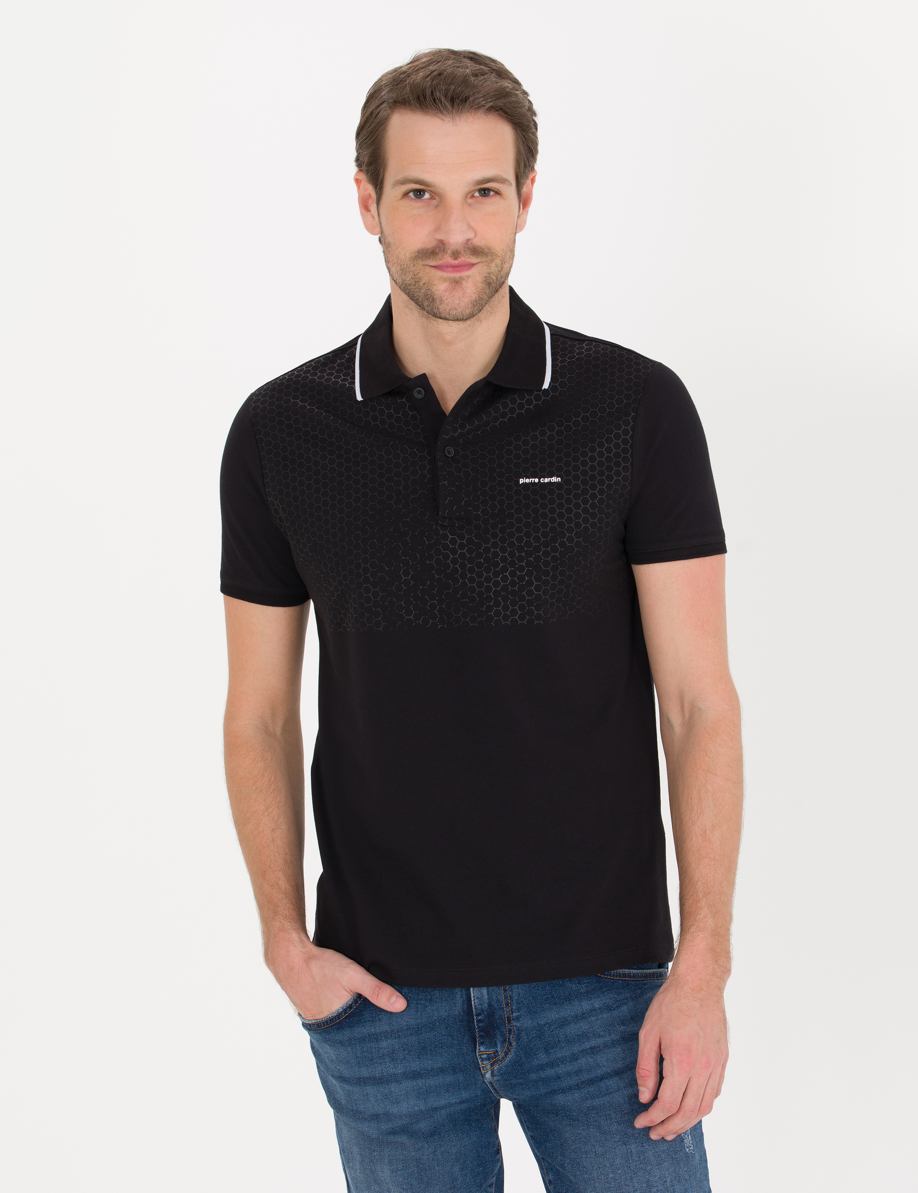 Siyah Slim Fit Baskılı Polo Yaka Tişört - Image 1