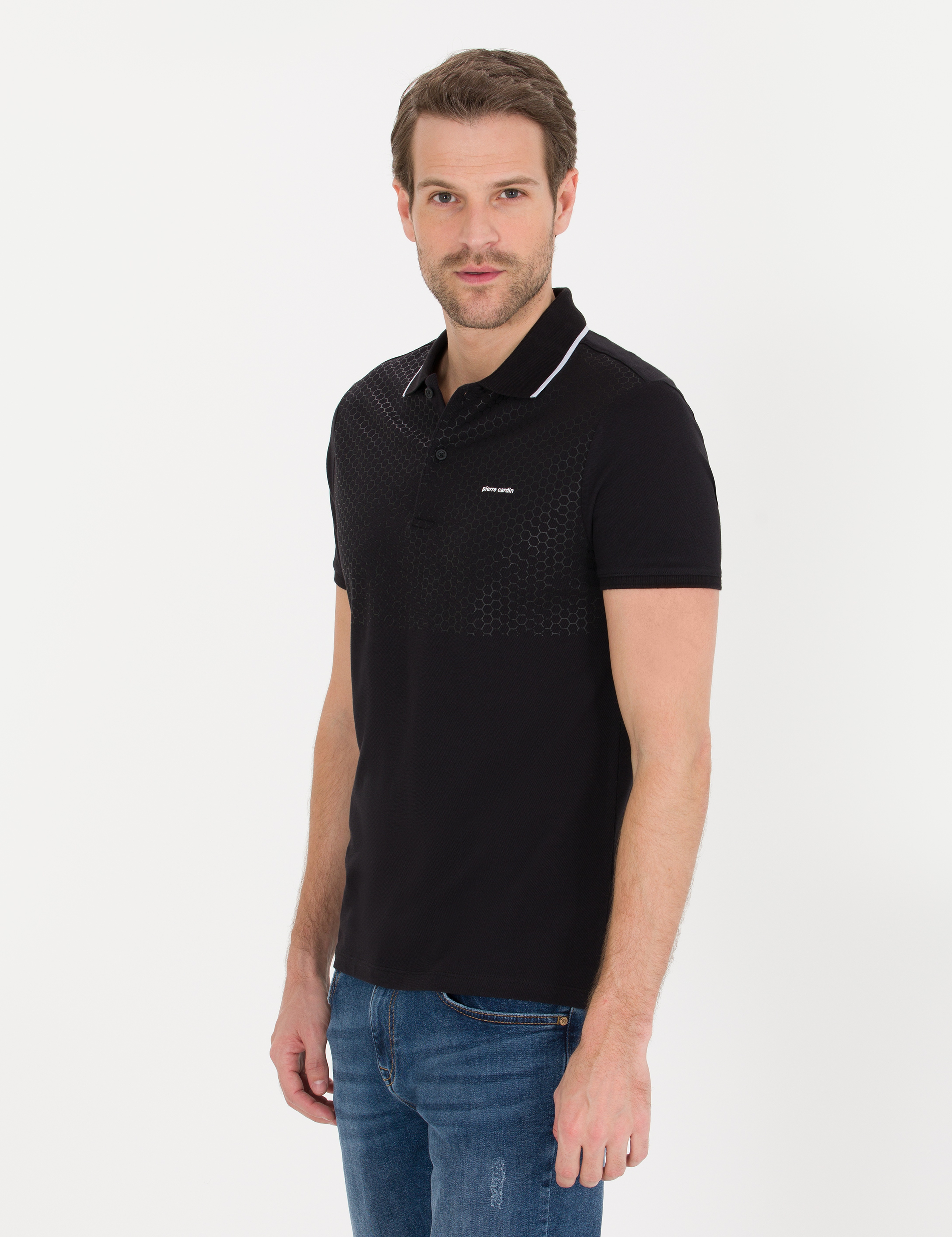 Siyah Slim Fit Baskılı Polo Yaka Tişört - Image 4