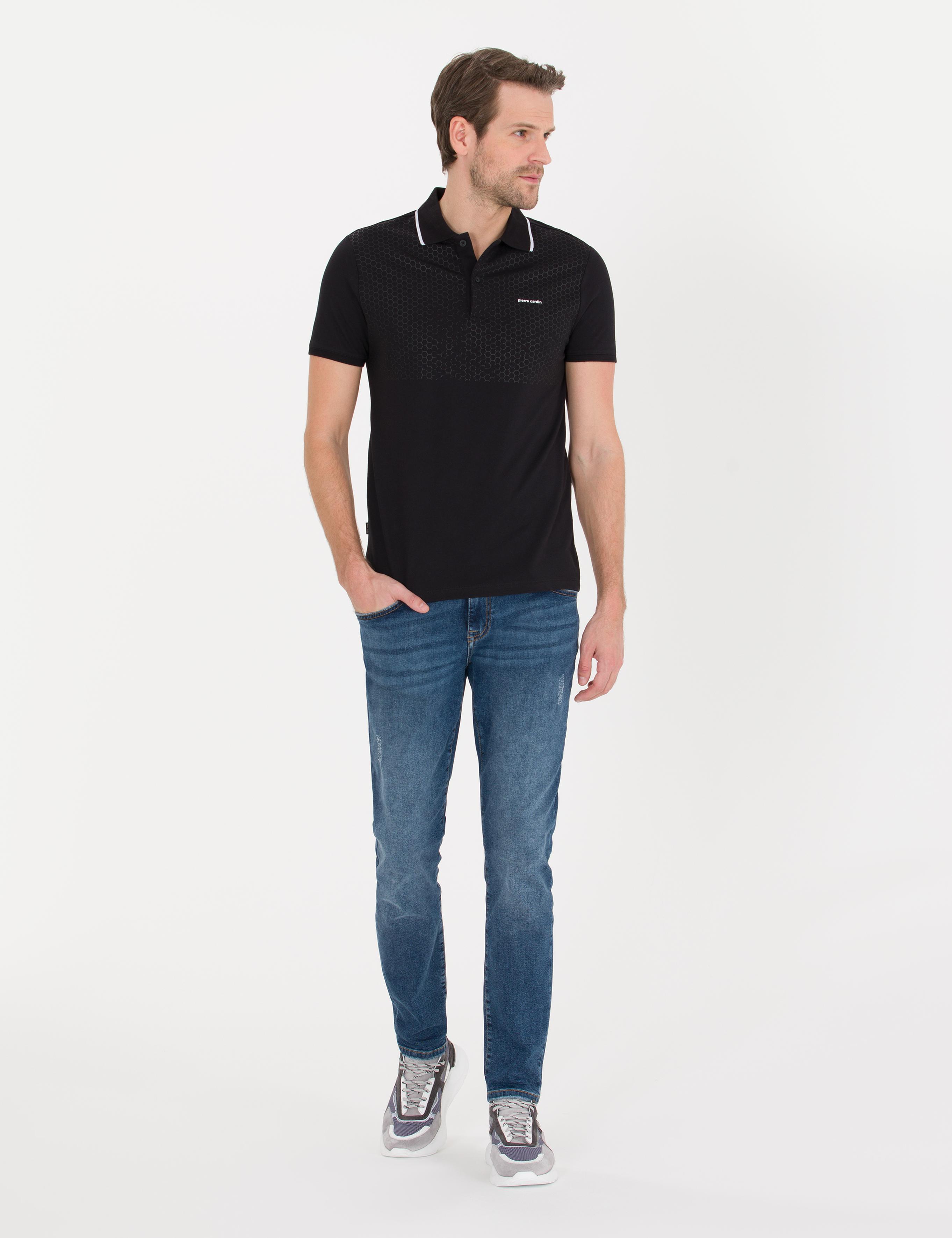 Siyah Slim Fit Baskılı Polo Yaka Tişört