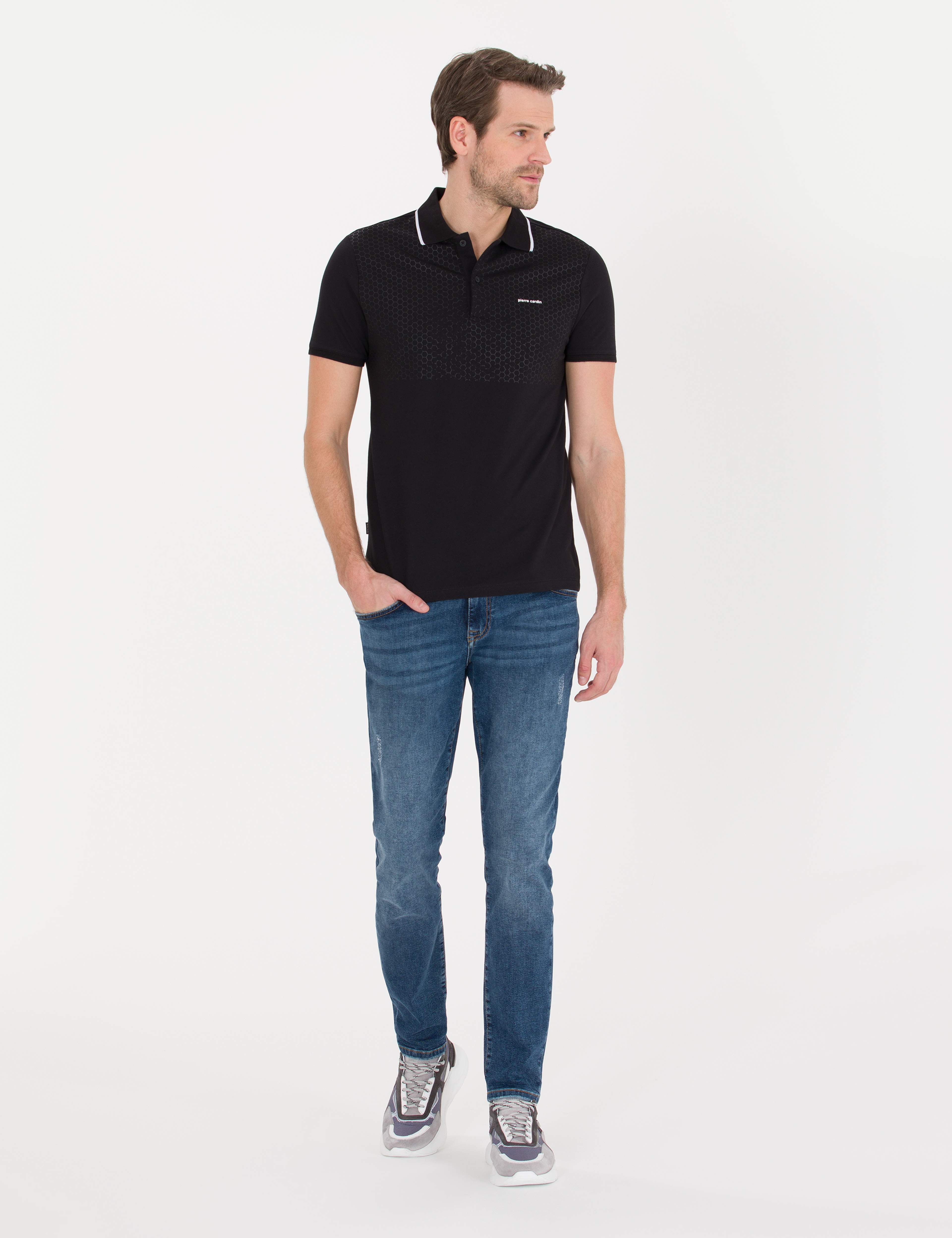Siyah Slim Fit Baskılı Polo Yaka Tişört - Image 3
