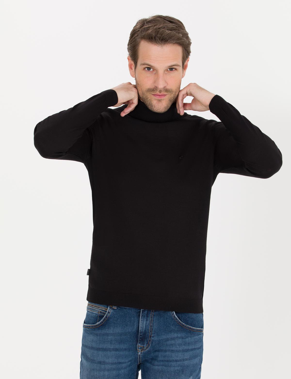 Siyah Slim Fit Balıkçı Yaka Yün Karışımlı Basic Triko Kazak