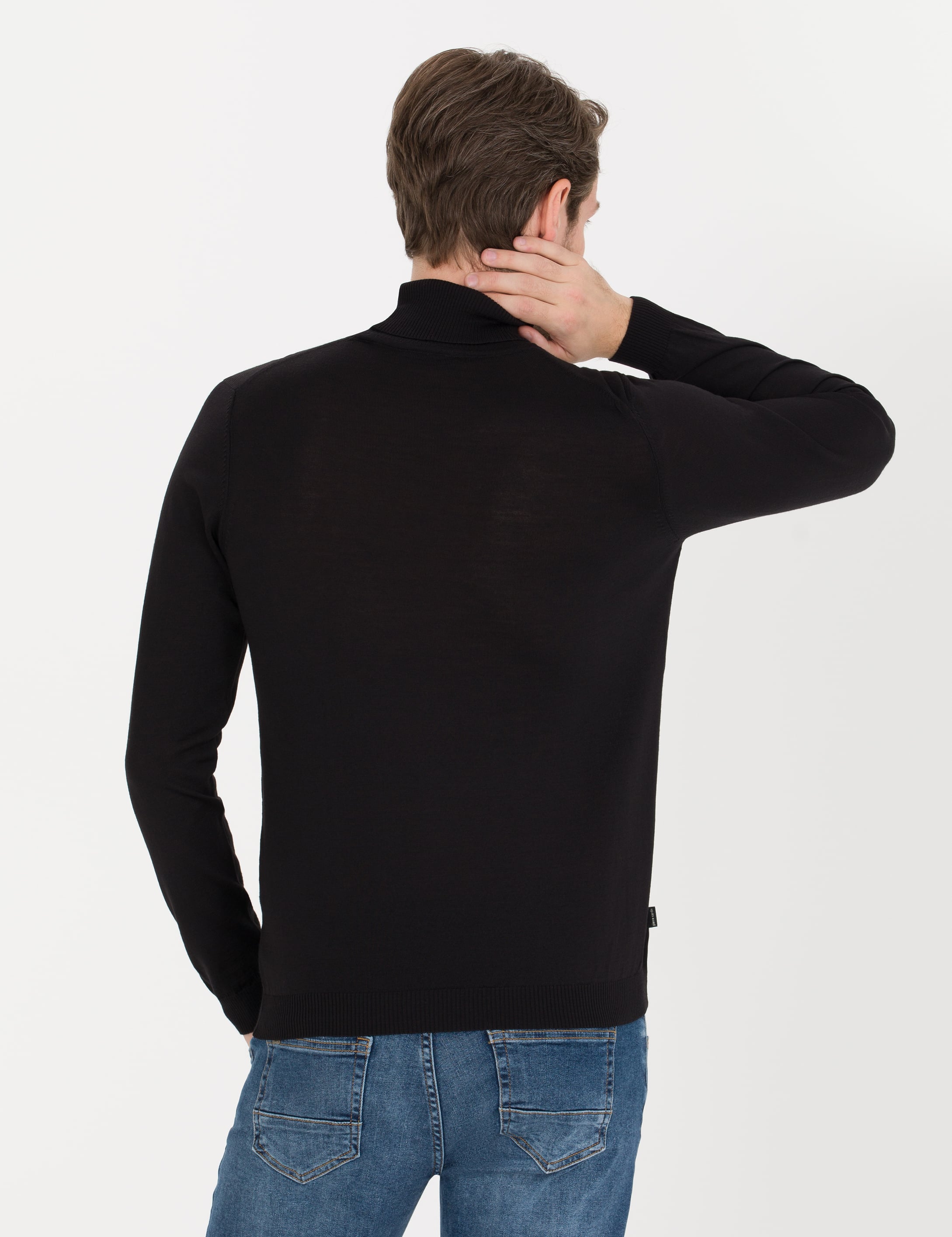 Siyah Slim Fit Balıkçı Yaka Yün Karışımlı Basic Triko Kazak