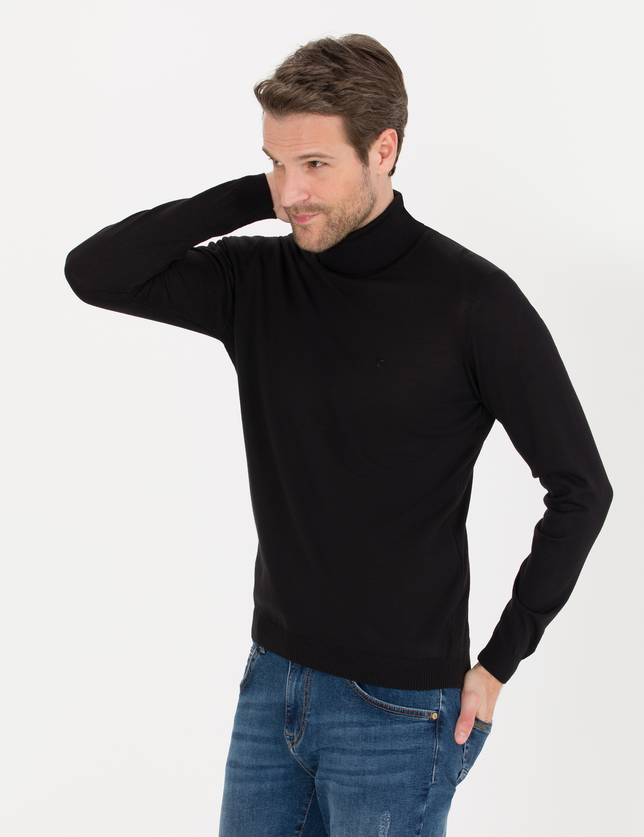 Siyah Slim Fit Balıkçı Yaka Yün Karışımlı Basic Triko Kazak