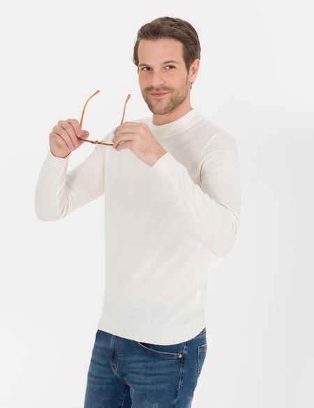 Ekru Slim Fit Çeyrek Yaka Yün Karışımlı Basic Triko Kazak - 50257311001