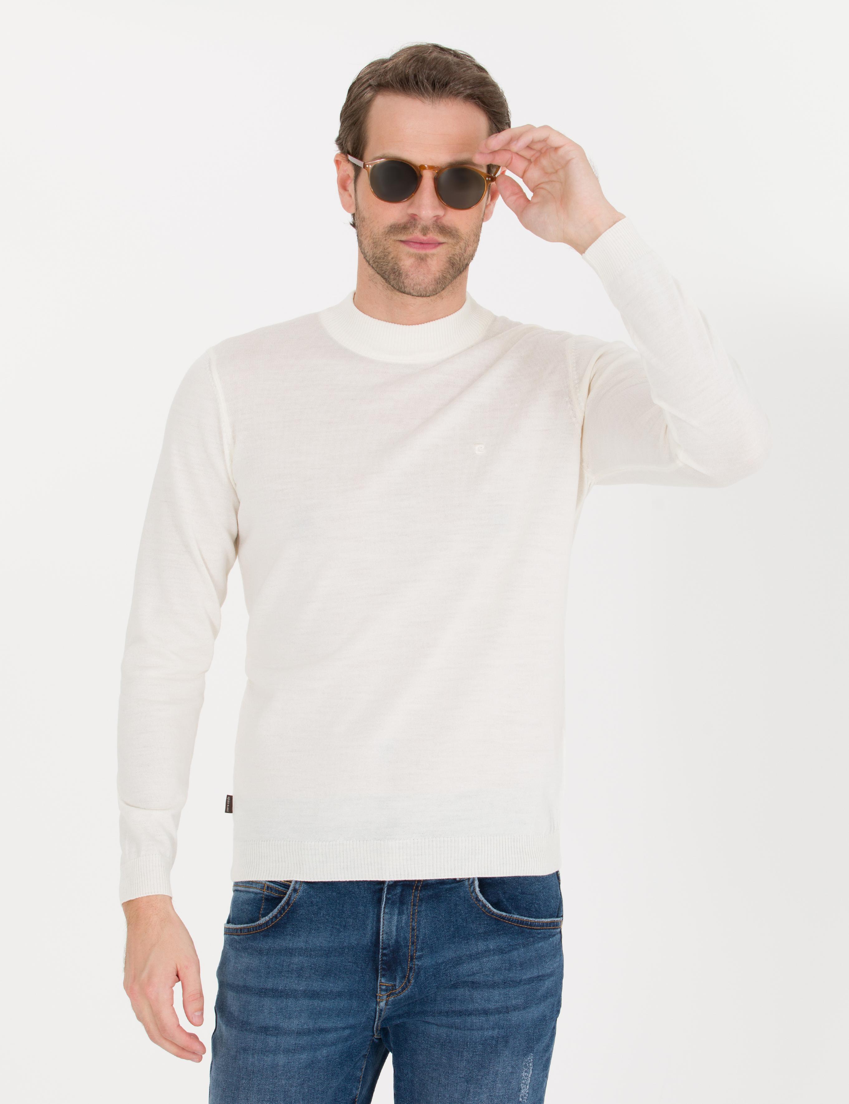 Ekru Slim Fit Çeyrek Yaka Yün Karışımlı Basic Triko Kazak