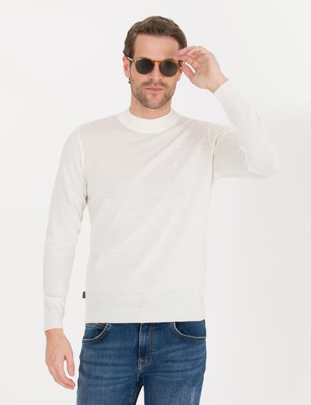 Ekru Slim Fit Çeyrek Yaka Yün Karışımlı Basic Triko Kazak - 50257311001