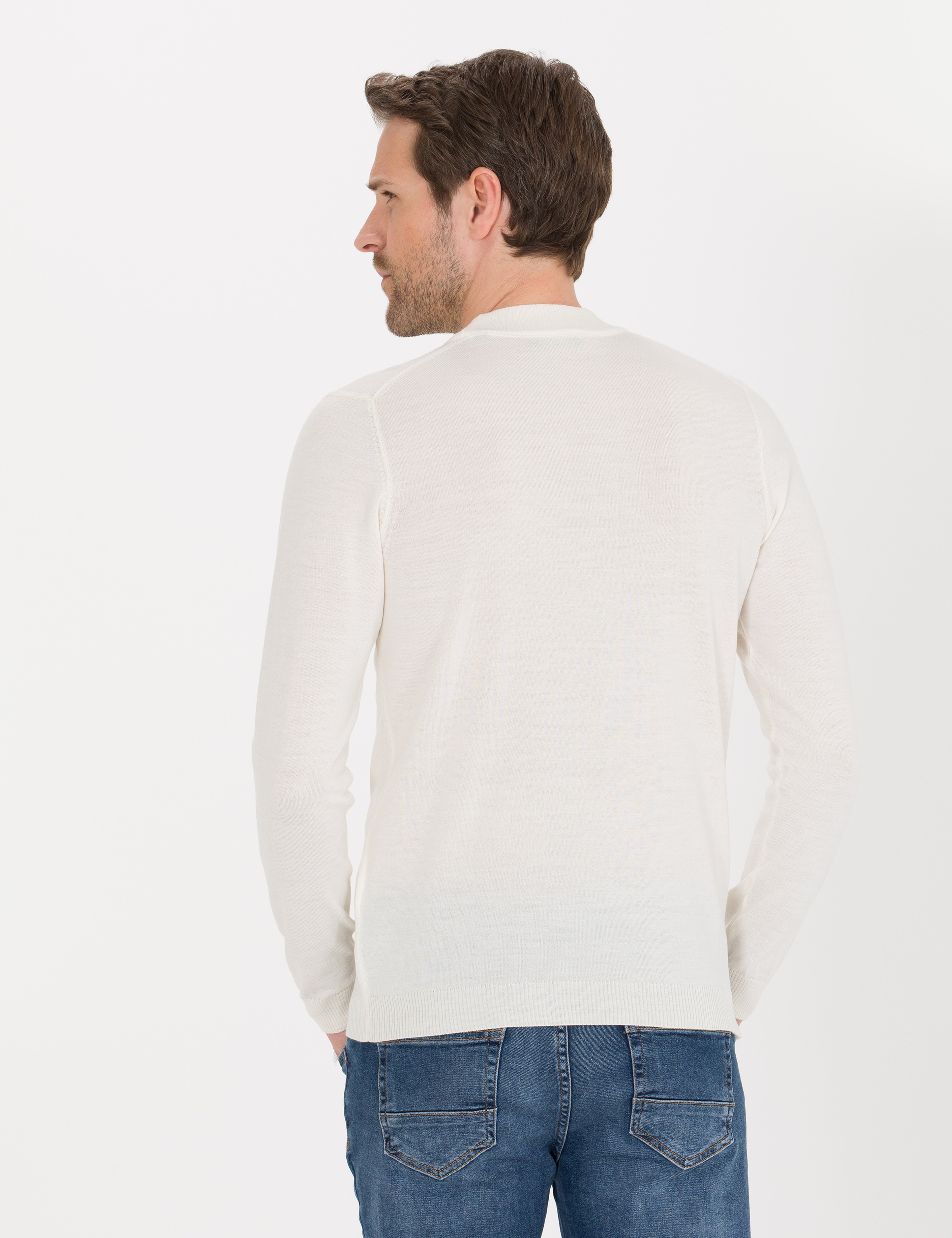 Ekru Slim Fit Çeyrek Yaka Yün Karışımlı Basic Triko Kazak