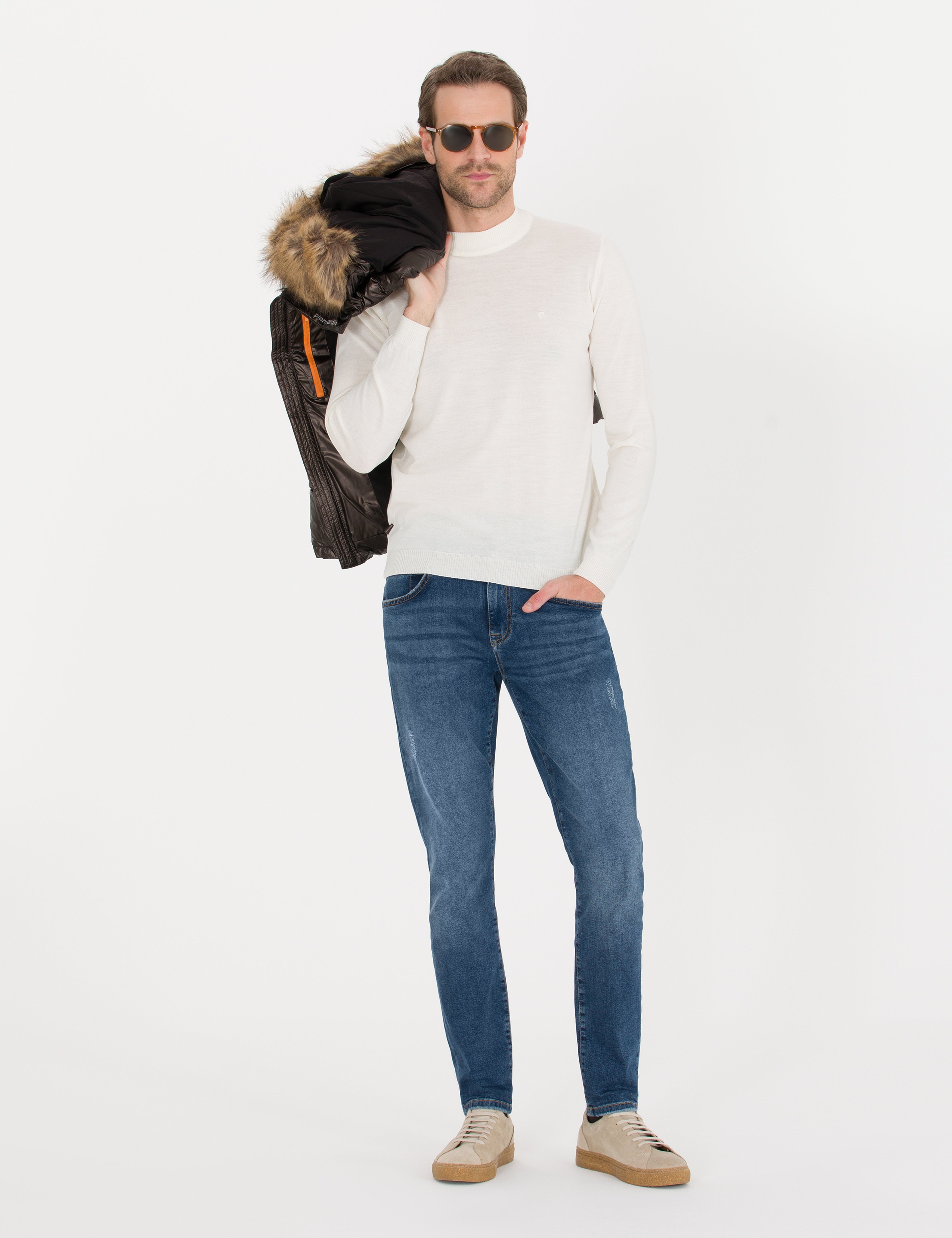 Ekru Slim Fit Çeyrek Yaka Yün Karışımlı Basic Triko Kazak - Image 1