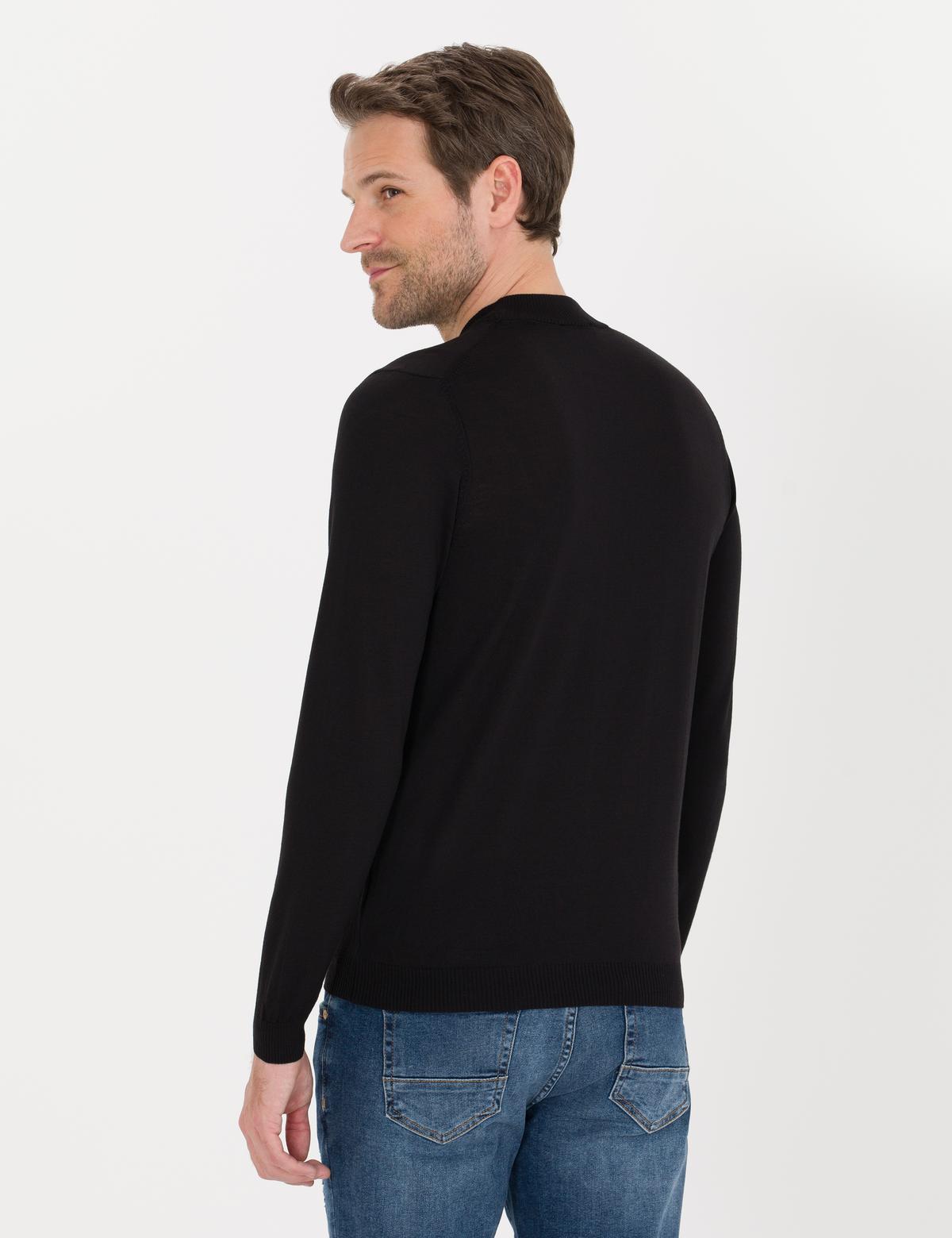 Siyah Slim Fit Çeyrek Yaka Yün Karışımlı Basic Triko Kazak - 50257311028