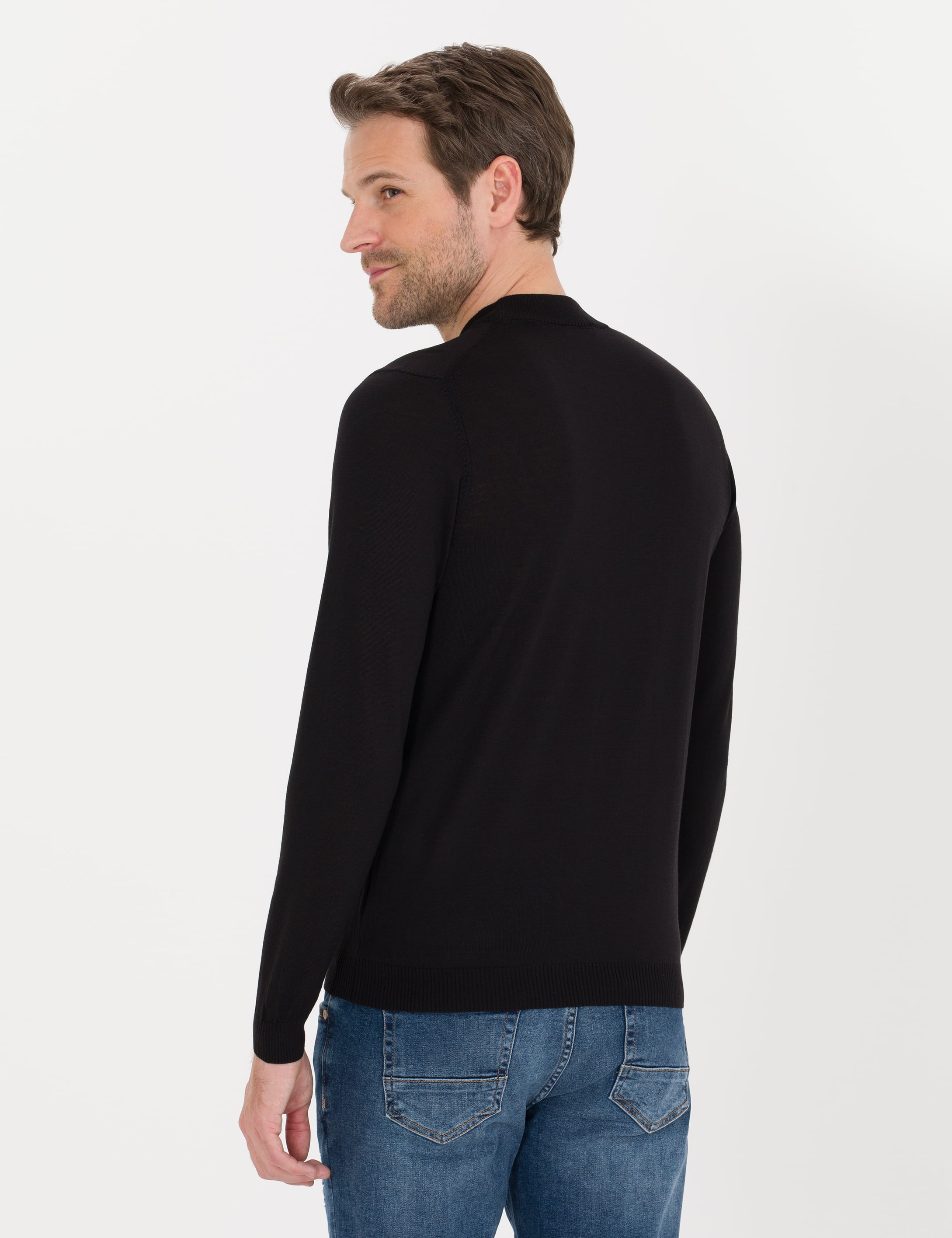 Siyah Slim Fit Çeyrek Yaka Yün Karışımlı Basic Triko Kazak