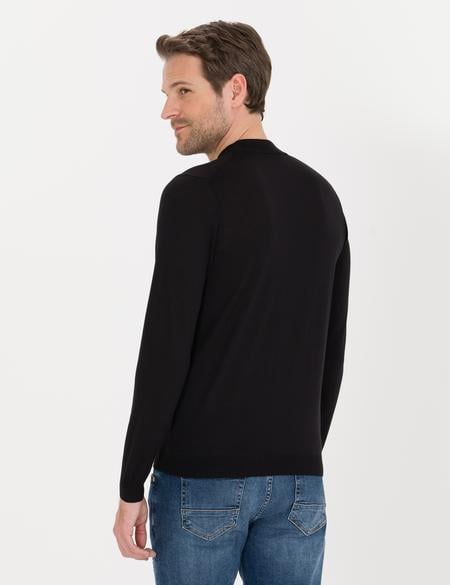 Siyah Slim Fit Çeyrek Yaka Yün Karışımlı Basic Triko Kazak - 50257311028