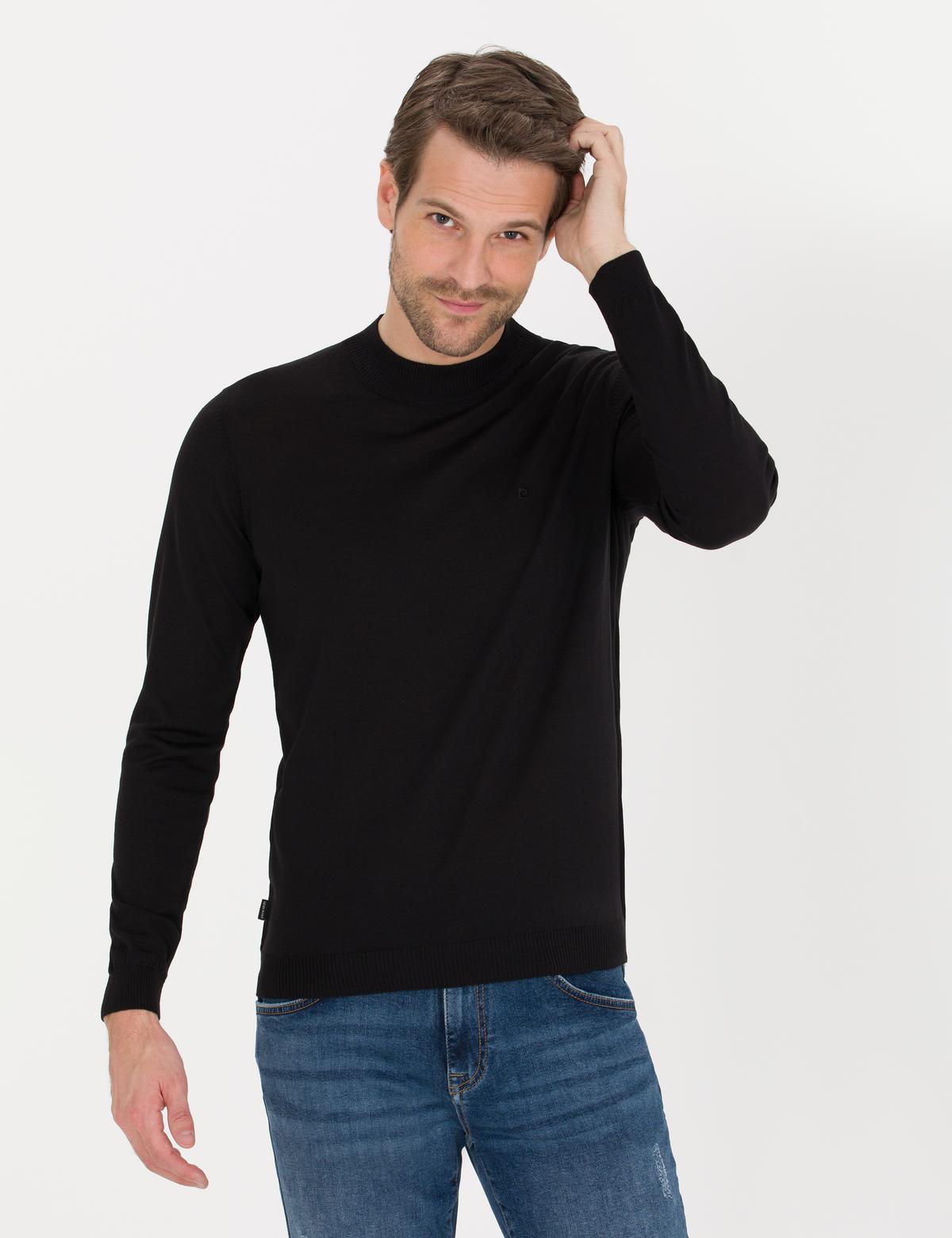 Siyah Slim Fit Çeyrek Yaka Yün Karışımlı Basic Triko Kazak - 50257311028