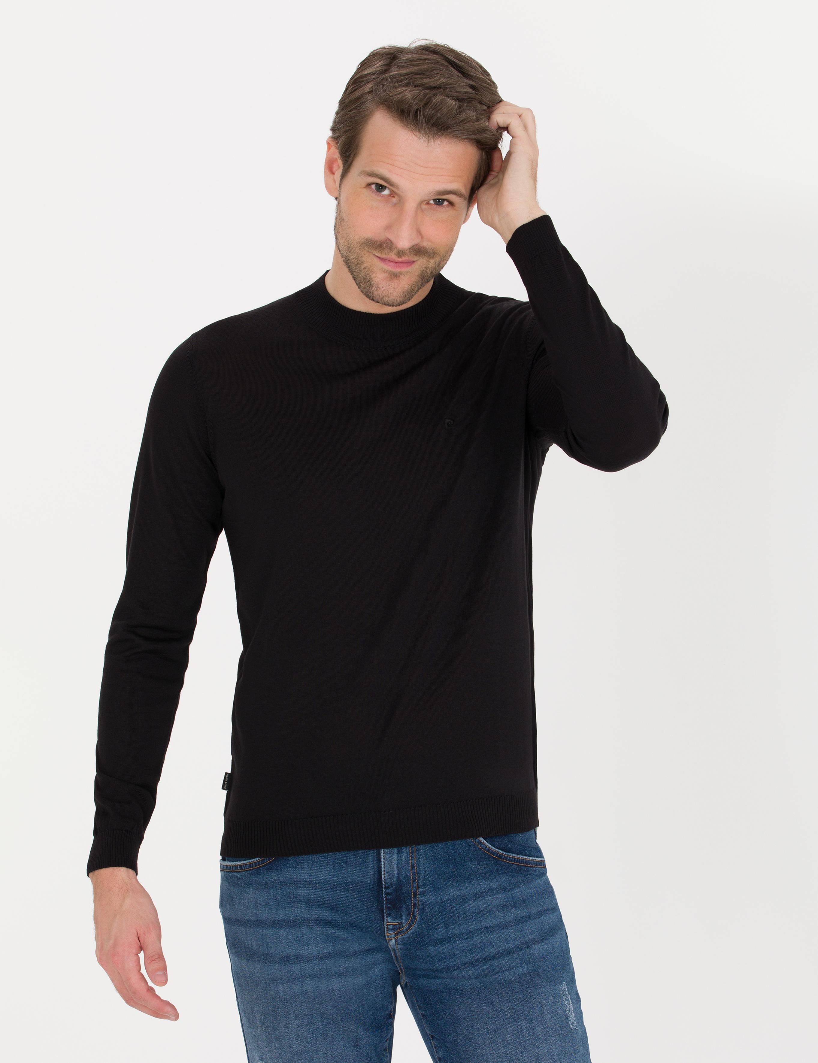 Siyah Slim Fit Çeyrek Yaka Yün Karışımlı Basic Triko Kazak