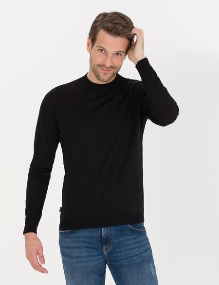 Siyah Slim Fit Çeyrek Yaka Yün Karışımlı Basic Triko Kazak - 50257311028