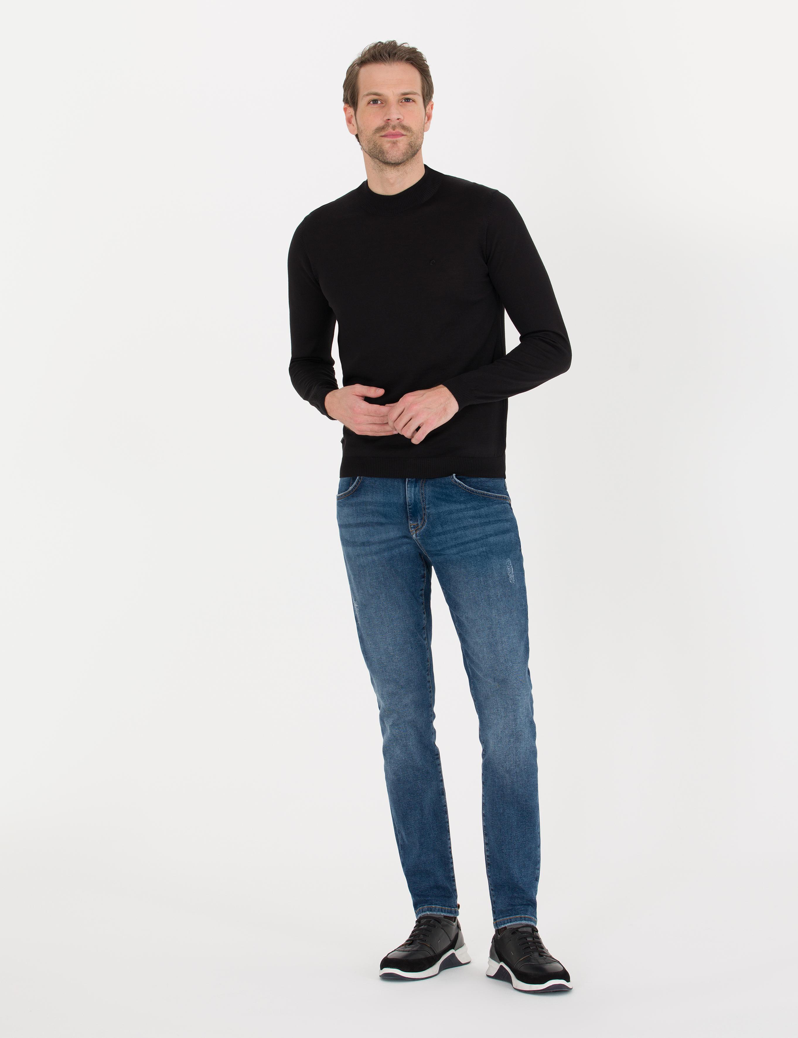 Siyah Slim Fit Çeyrek Yaka Yün Karışımlı Basic Triko Kazak