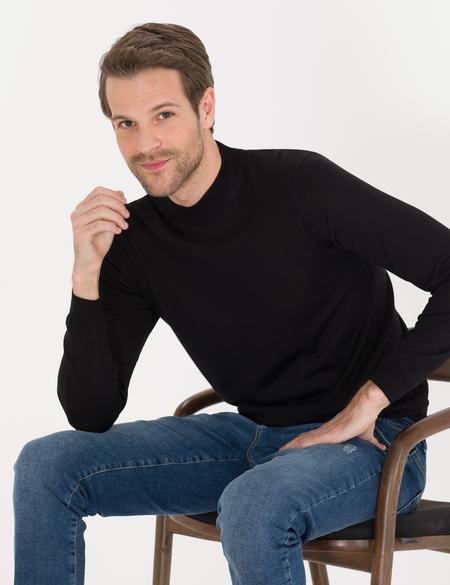 Siyah Slim Fit Çeyrek Yaka Yün Karışımlı Basic Triko Kazak - 50257311028