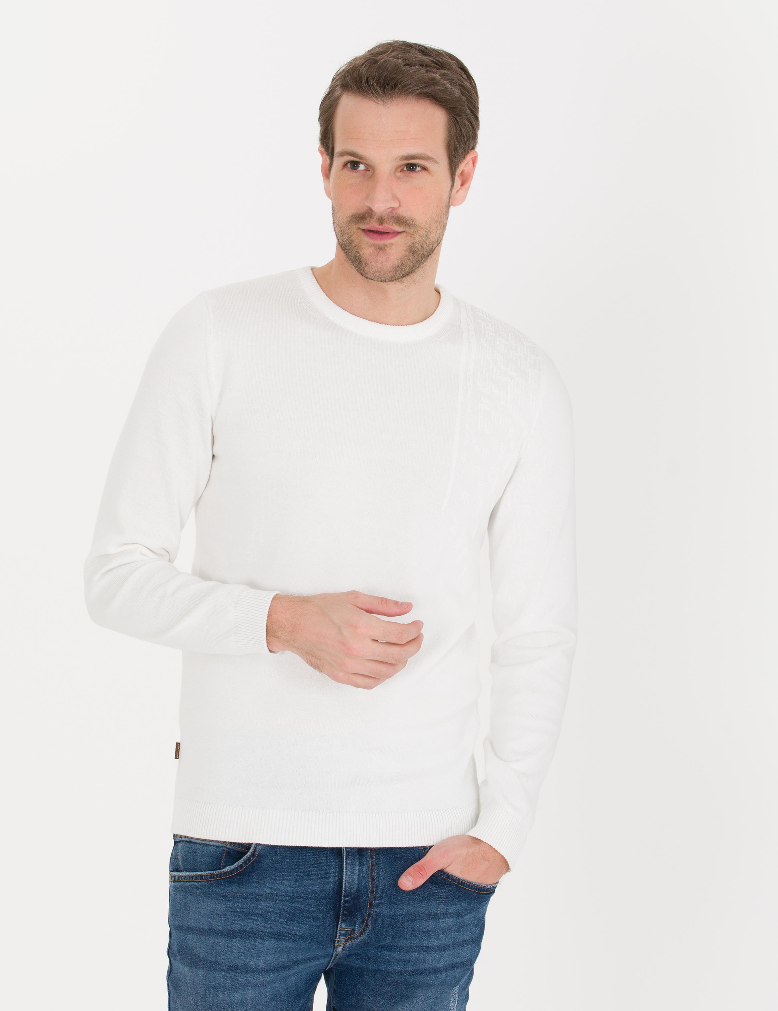 Ekru Slim Fit Bisiklet Yaka Triko Kazak