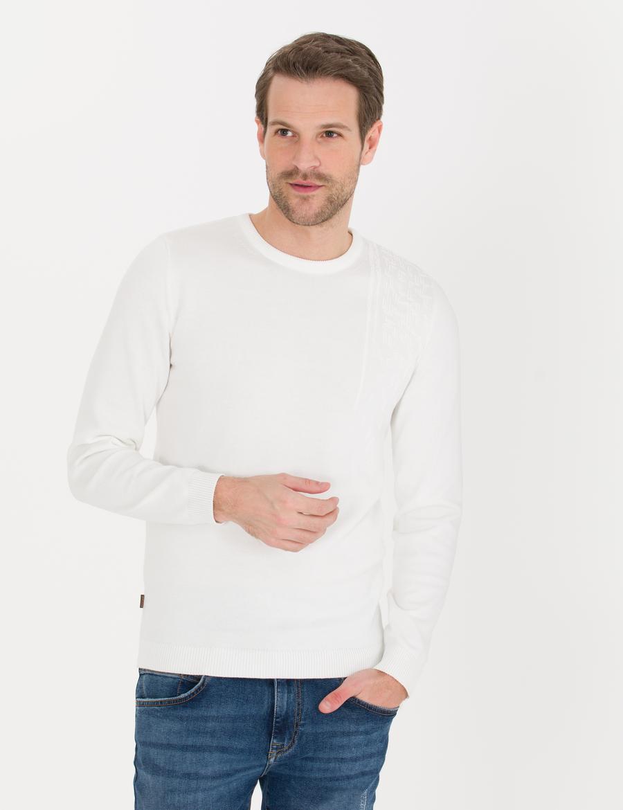 Ekru Slim Fit Bisiklet Yaka Triko Kazak