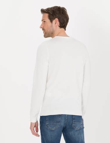 Ekru Slim Fit Bisiklet Yaka Triko Kazak