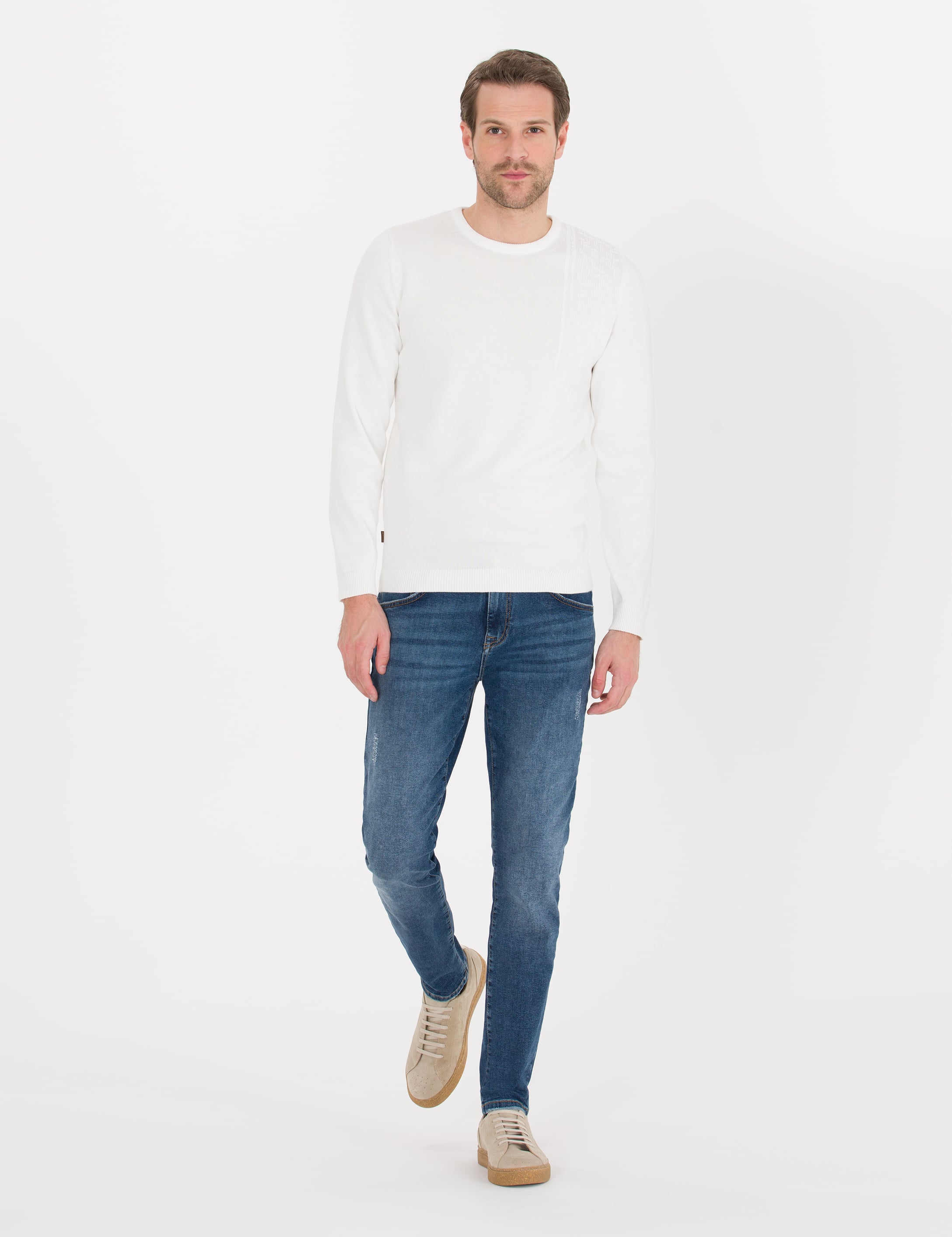 Pierre Cardin Ekru Slim Fit Bisiklet Yaka Triko Kazak görsel 3