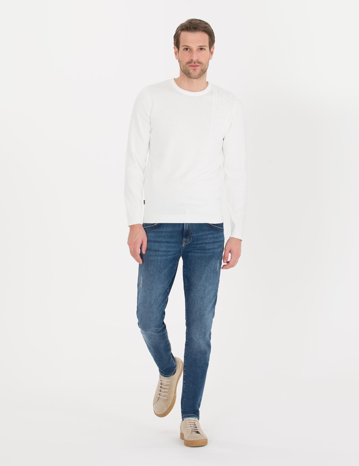 Ekru Slim Fit Bisiklet Yaka Triko Kazak - 50258795043