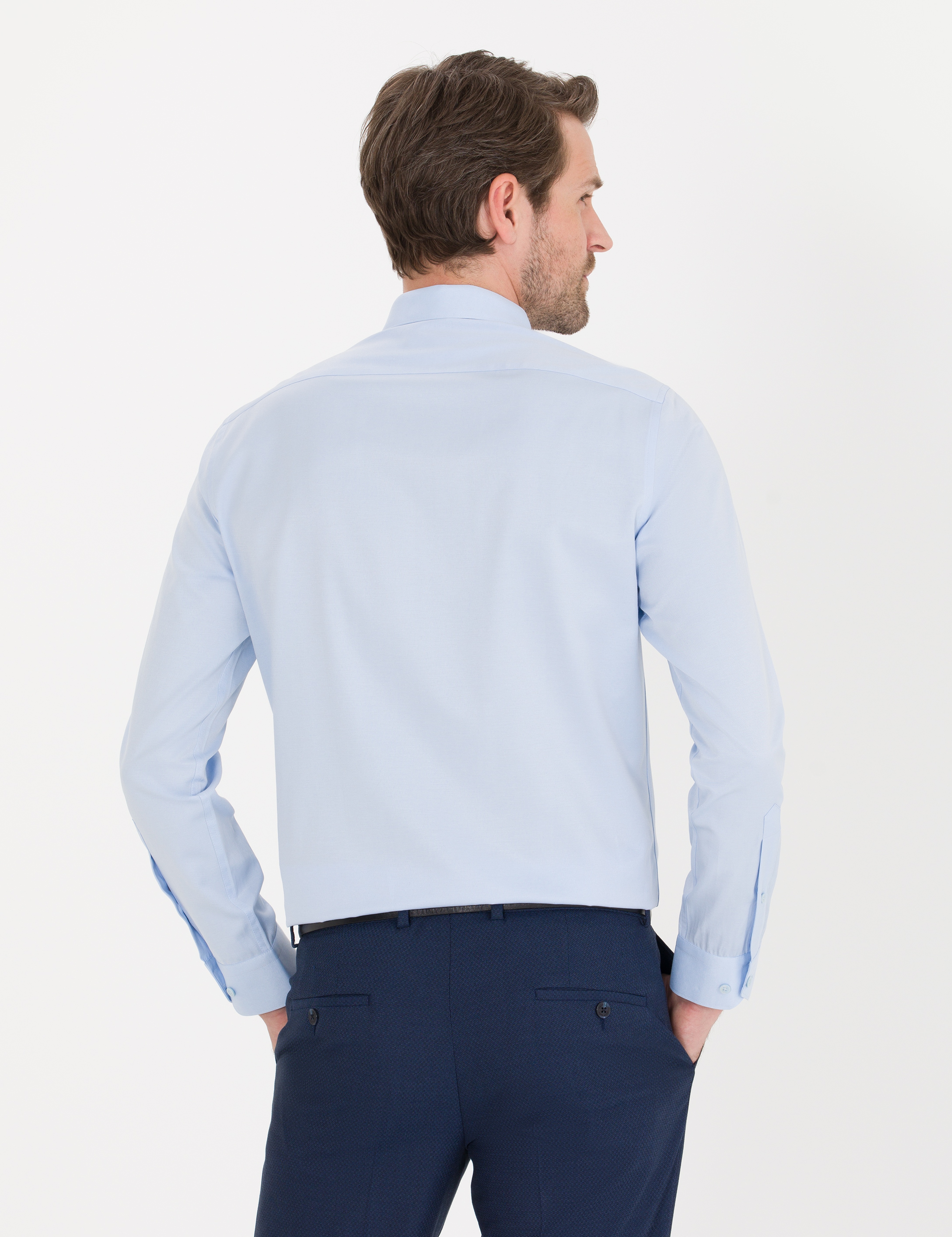 Açık Mavi Slim Fit Uzun Kollu Klasik Gömlek - Image 5