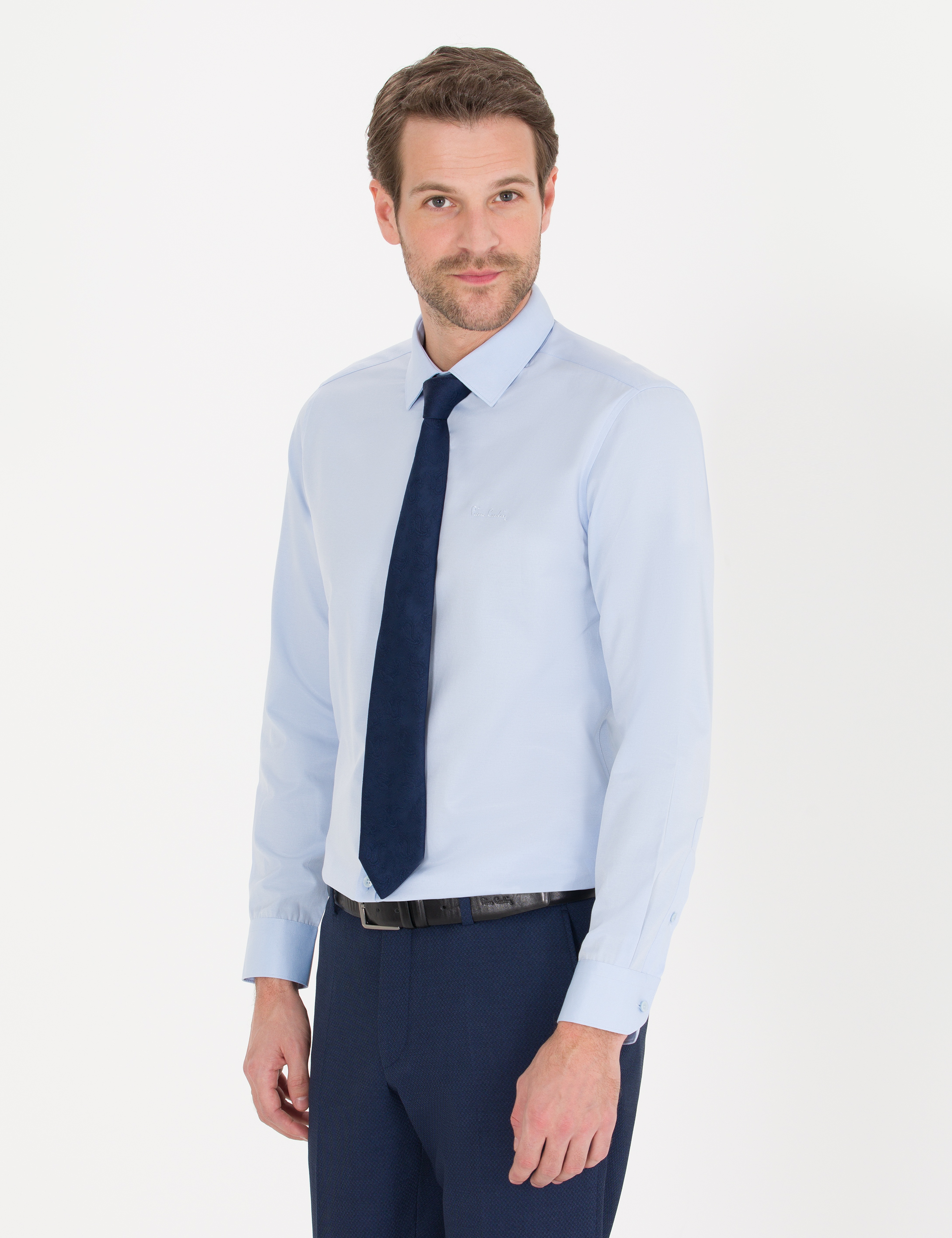 Açık Mavi Slim Fit Uzun Kollu Klasik Gömlek - Image 3