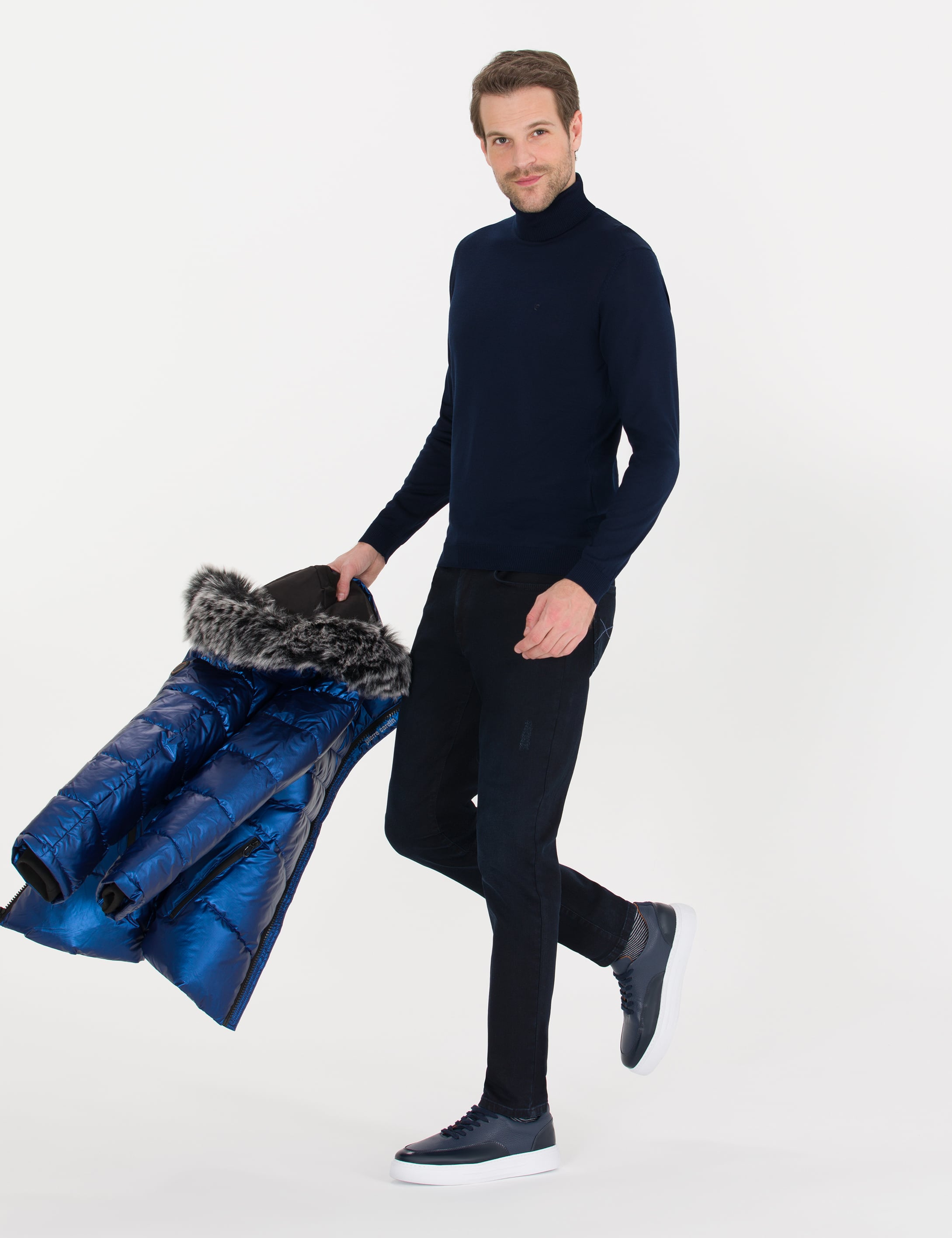 Lacivert Slim Fit Balıkçı Yaka Yün Karışımlı Basic Triko Kazak