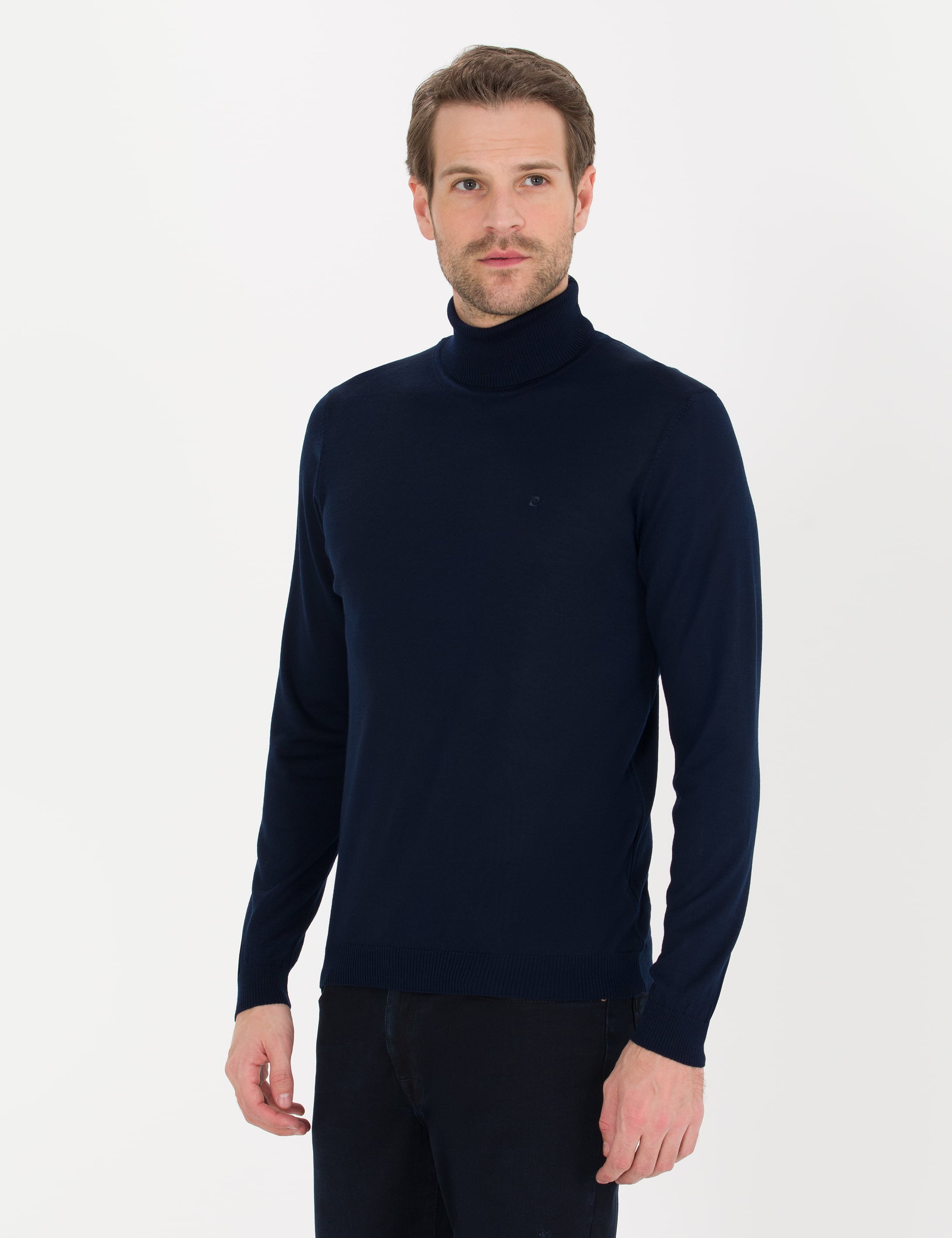 Lacivert Slim Fit Balıkçı Yaka Yün Karışımlı Basic Triko Kazak