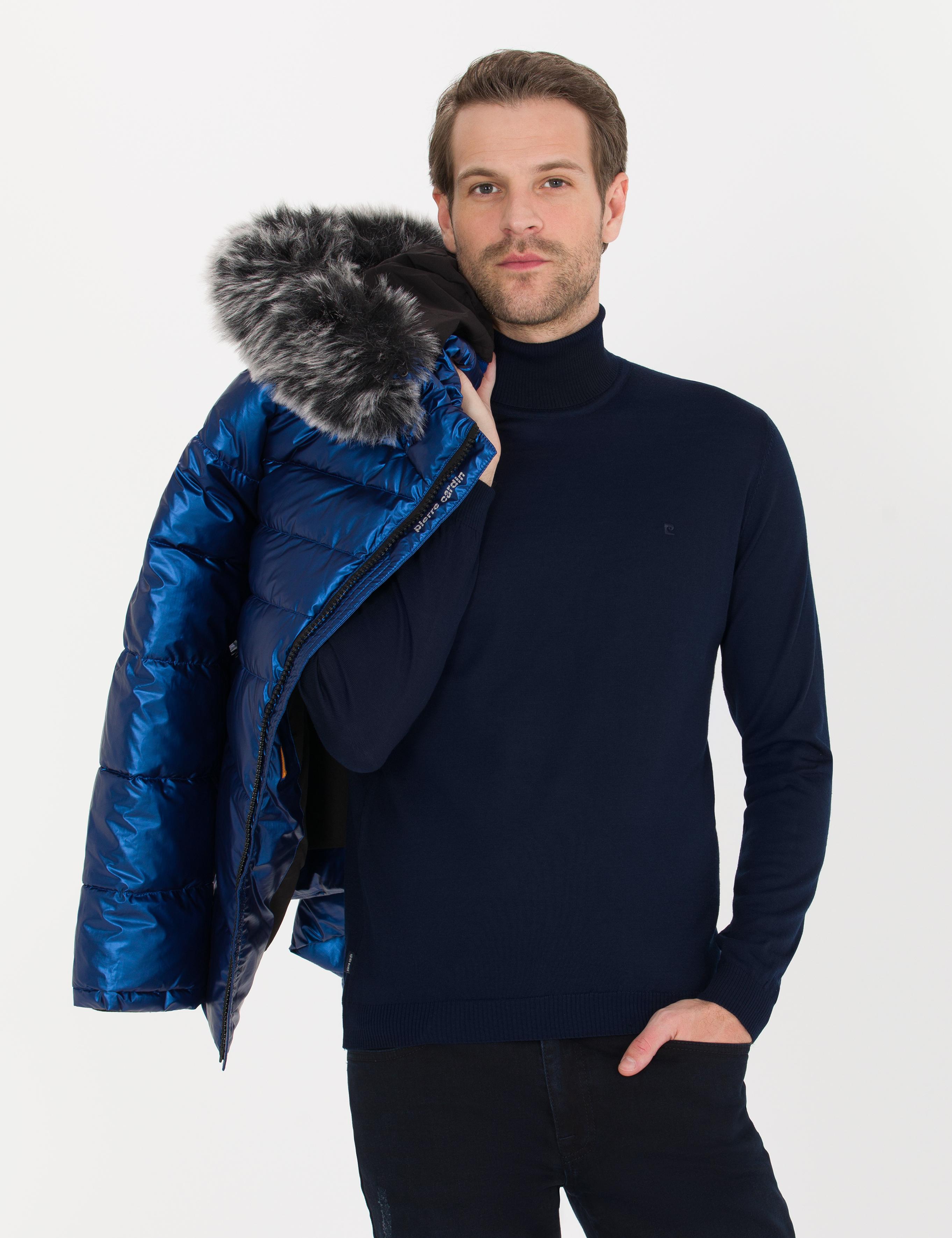 Lacivert Slim Fit Balıkçı Yaka Yün Karışımlı Basic Triko Kazak