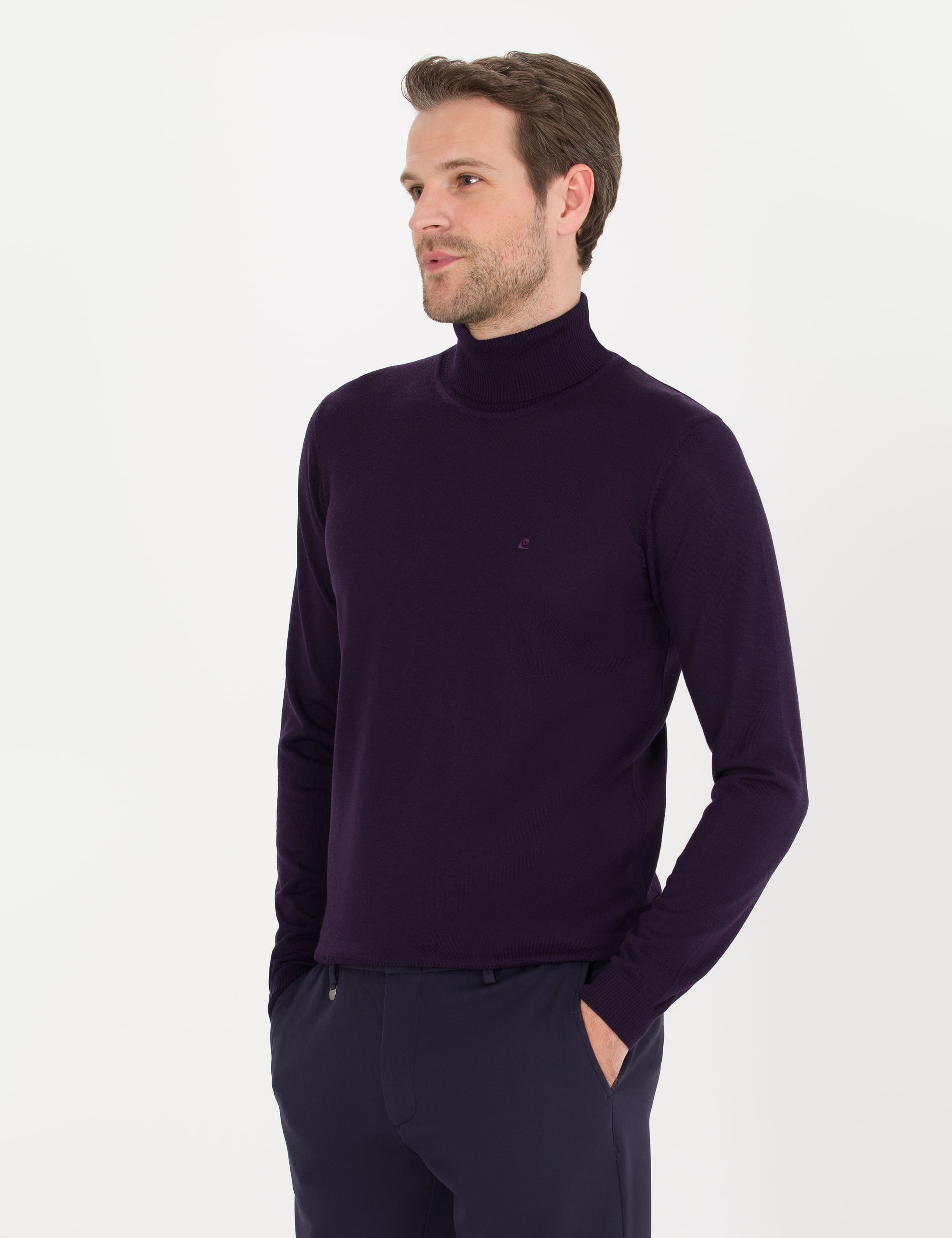Mor Slim Fit Balıkçı Yaka Yün Karışımlı Basic Triko Kazak
