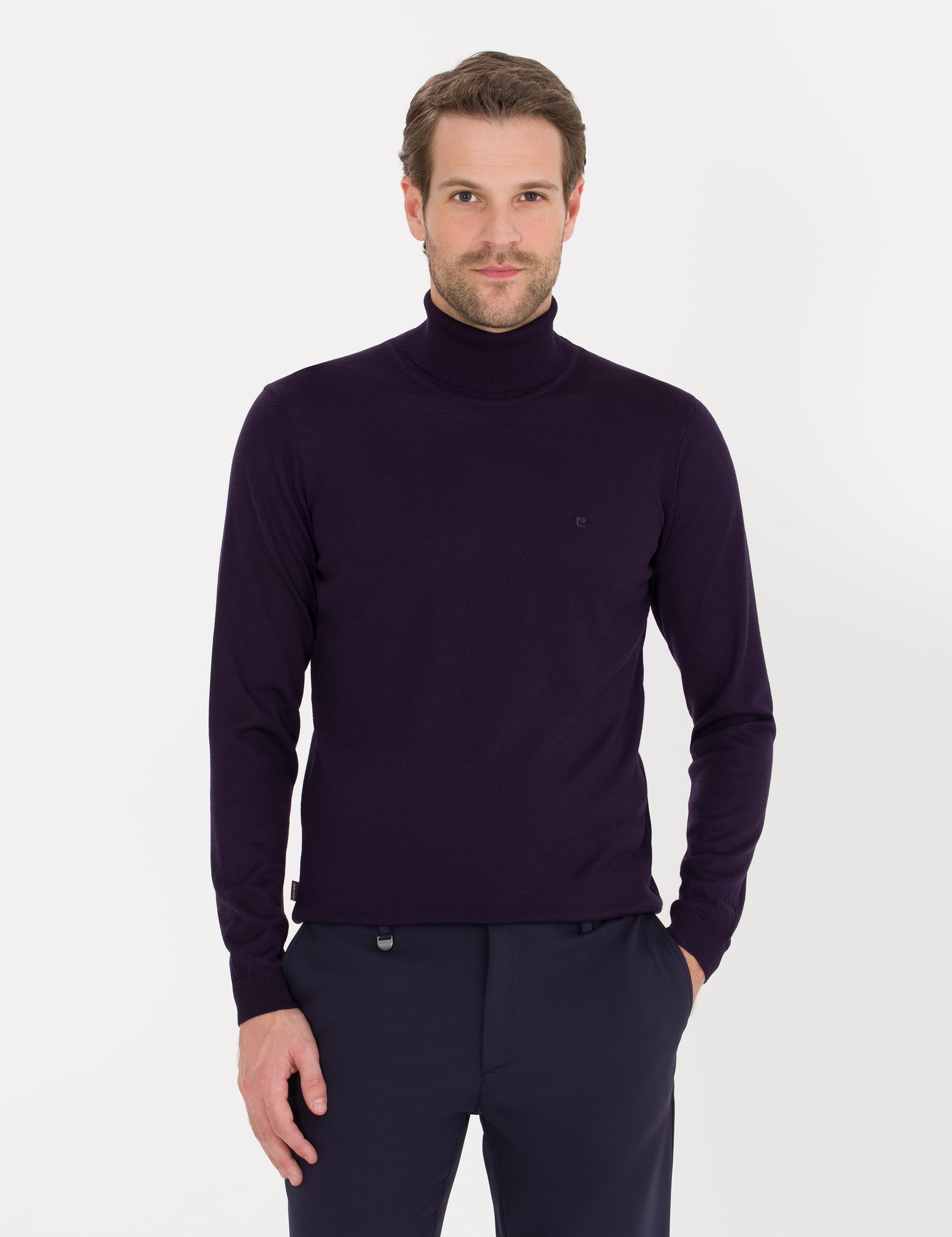 Mor Slim Fit Balıkçı Yaka Yün Karışımlı Basic Triko Kazak