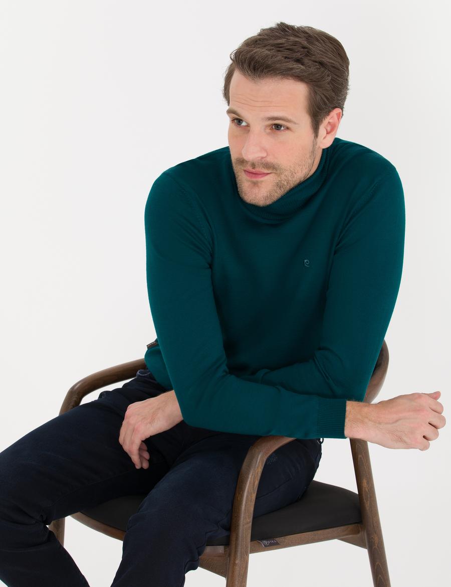 Yeşil Slim Fit Balıkçı Yaka Yün Karışımlı Basic Triko Kazak