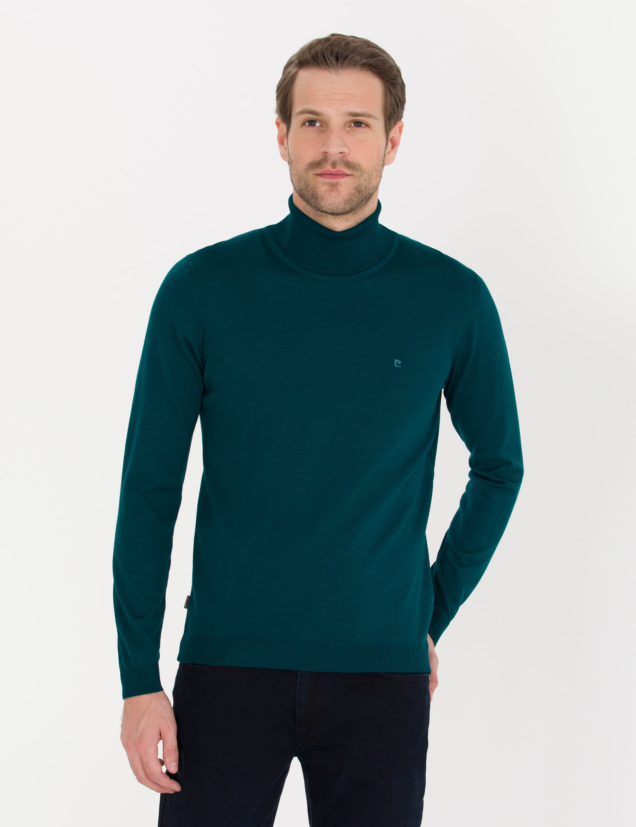 Yeşil Slim Fit Balıkçı Yaka Yün Karışımlı Basic Triko Kazak