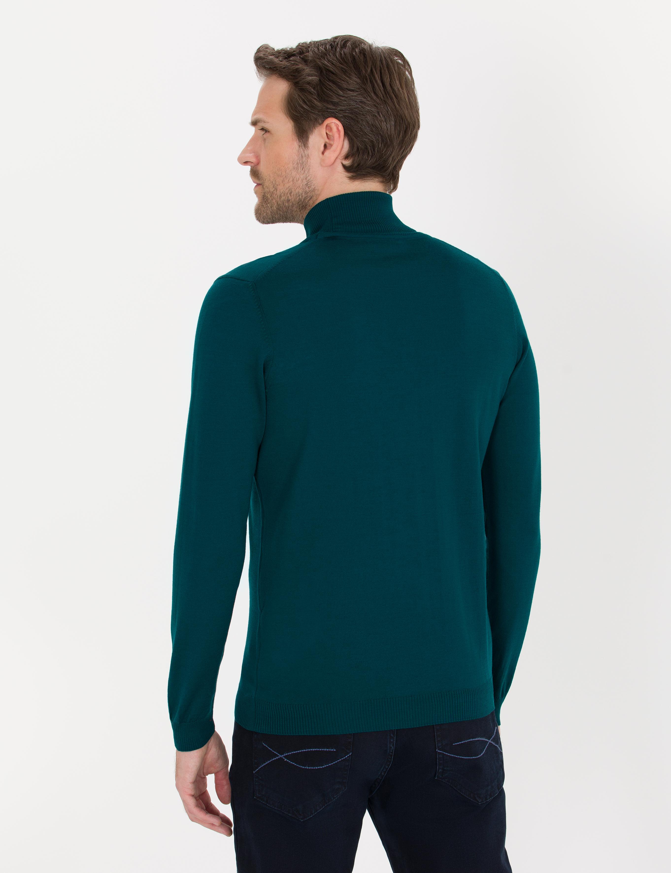 Yeşil Slim Fit Balıkçı Yaka Yün Karışımlı Basic Triko Kazak