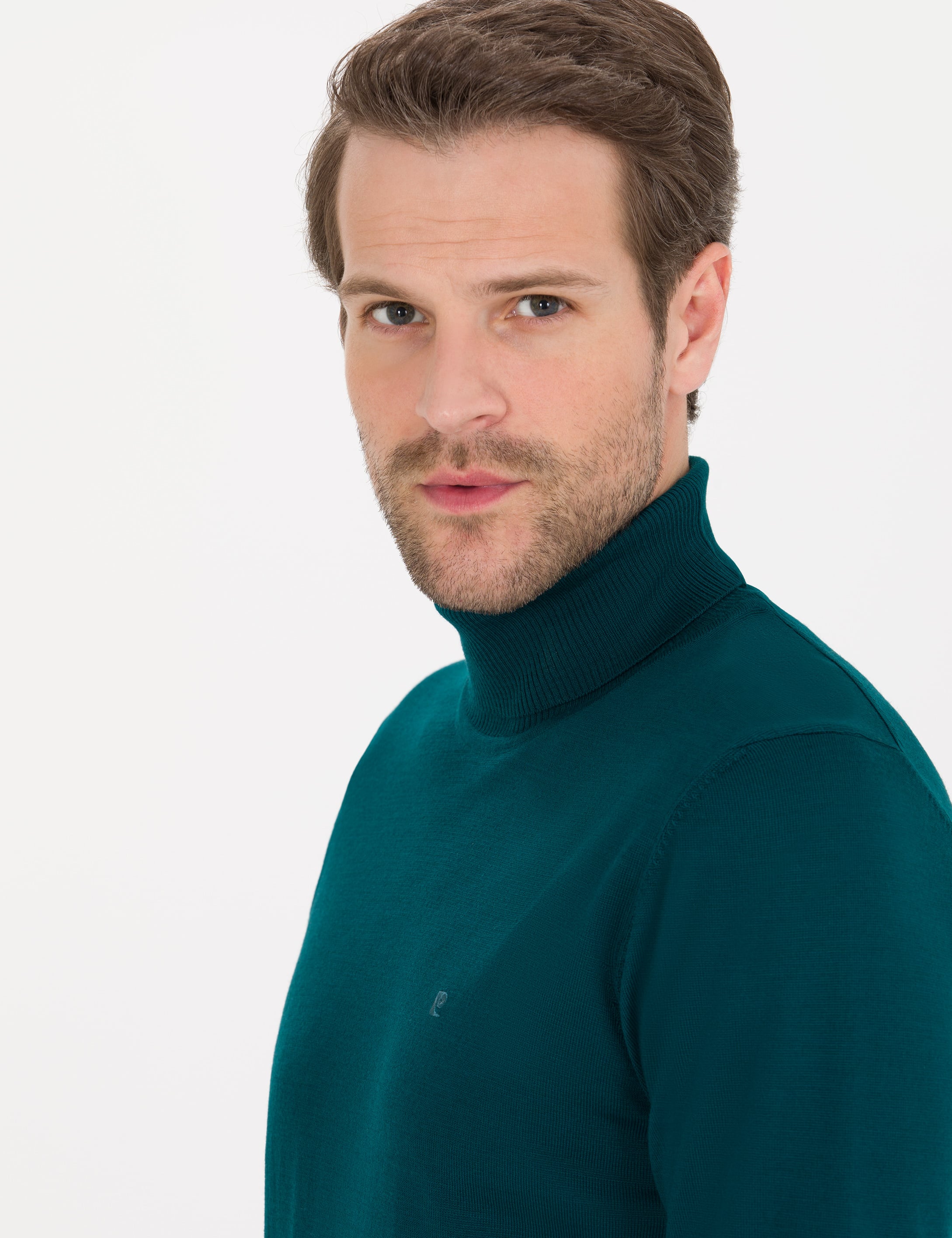 Yeşil Slim Fit Balıkçı Yaka Yün Karışımlı Basic Triko Kazak