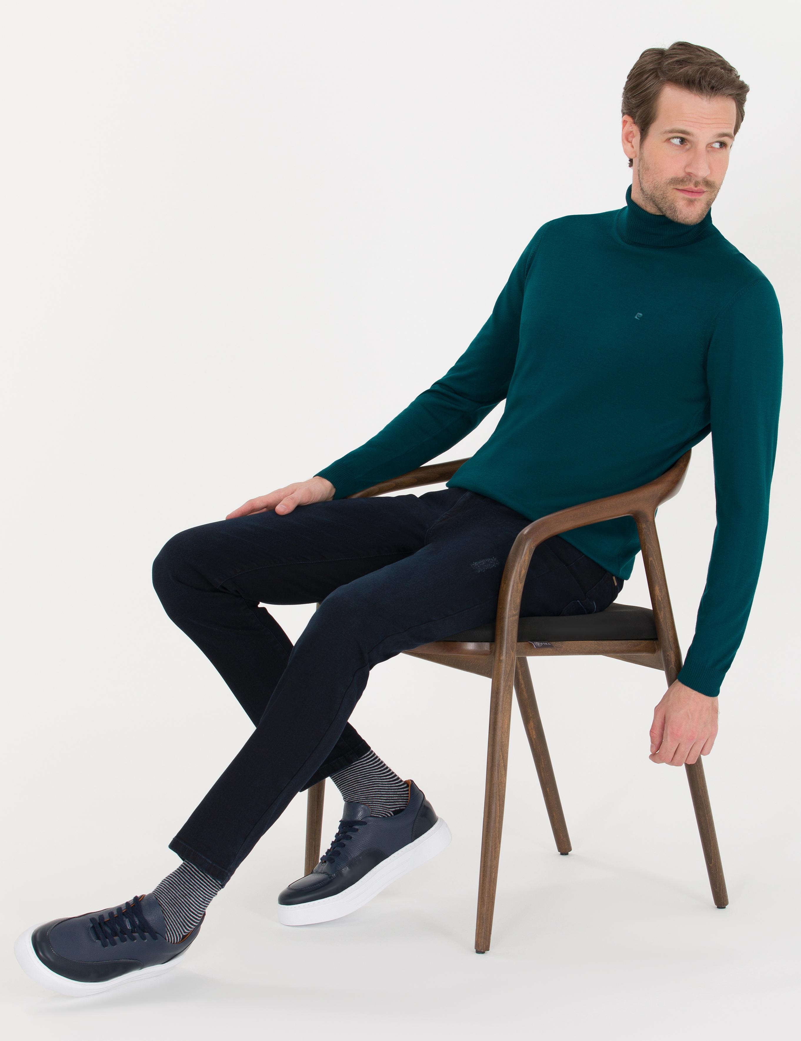 Yeşil Slim Fit Balıkçı Yaka Yün Karışımlı Basic Triko Kazak