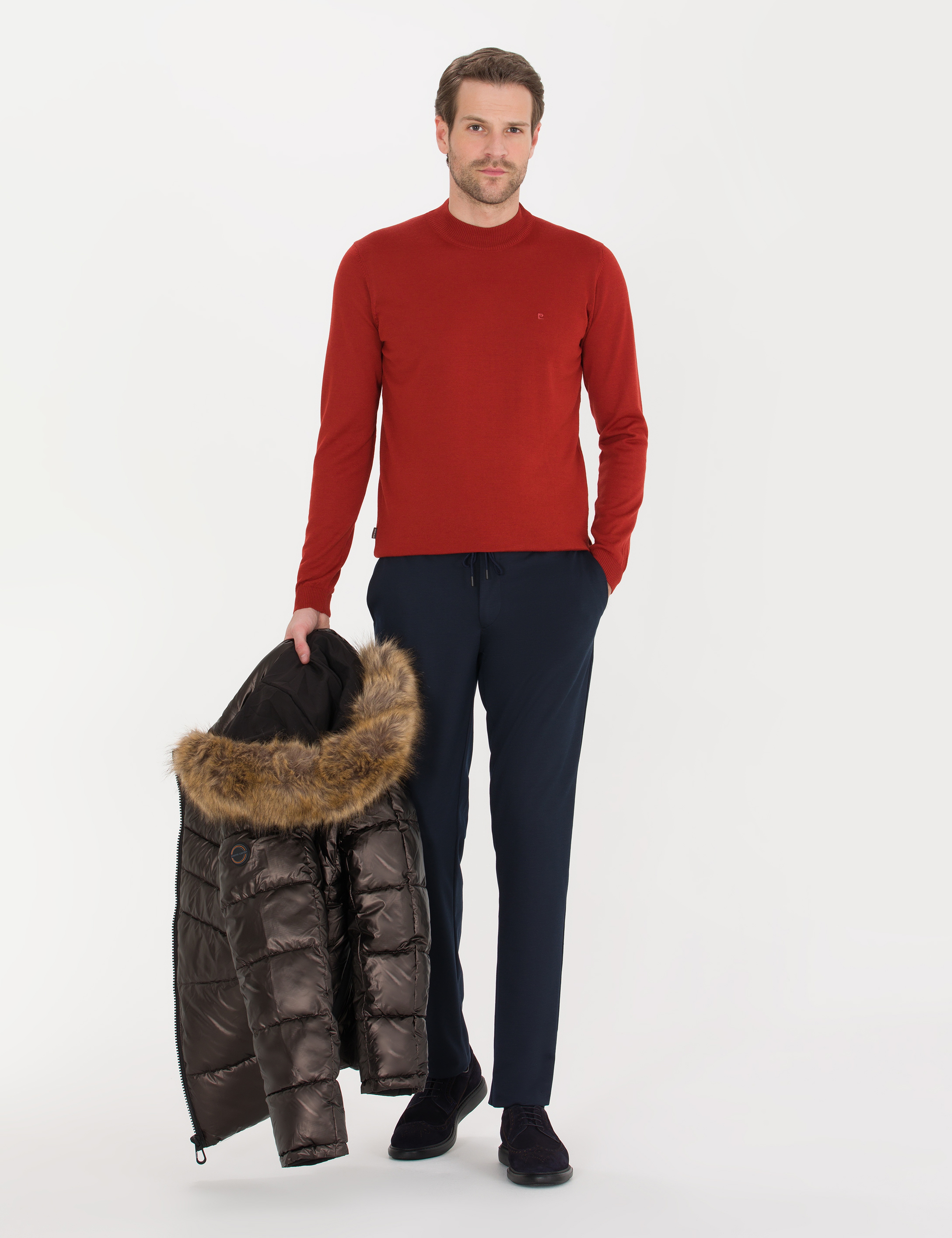 Kiremit Slim Fit Çeyrek Yaka Yün Karışımlı Basic Triko Kazak
