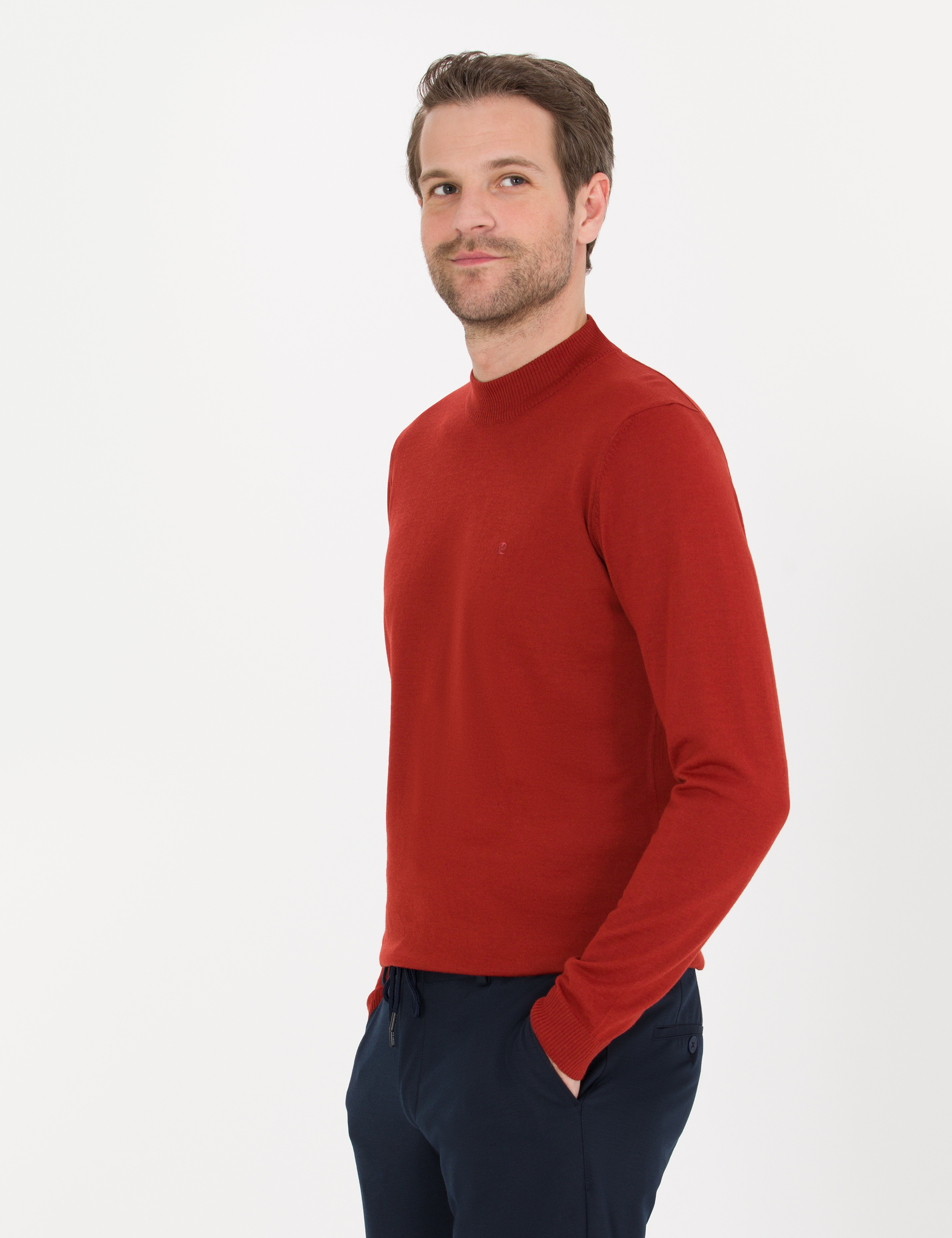 Kiremit Slim Fit Çeyrek Yaka Yün Karışımlı Basic Triko Kazak - Image 4