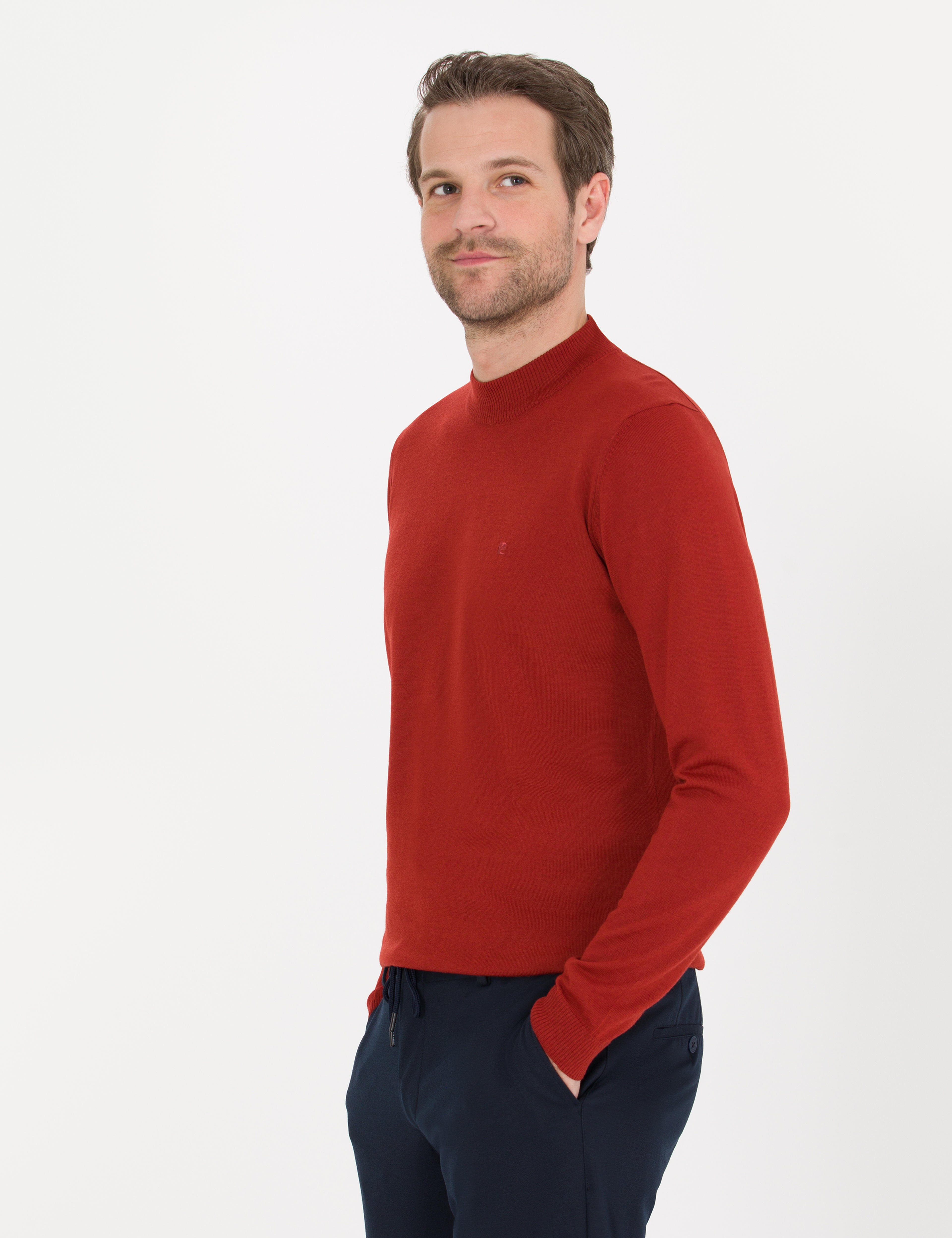 Kiremit Slim Fit Çeyrek Yaka Yün Karışımlı Basic Triko Kazak