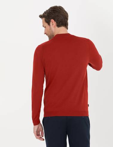 Kiremit Slim Fit Çeyrek Yaka Yün Karışımlı Basic Triko Kazak