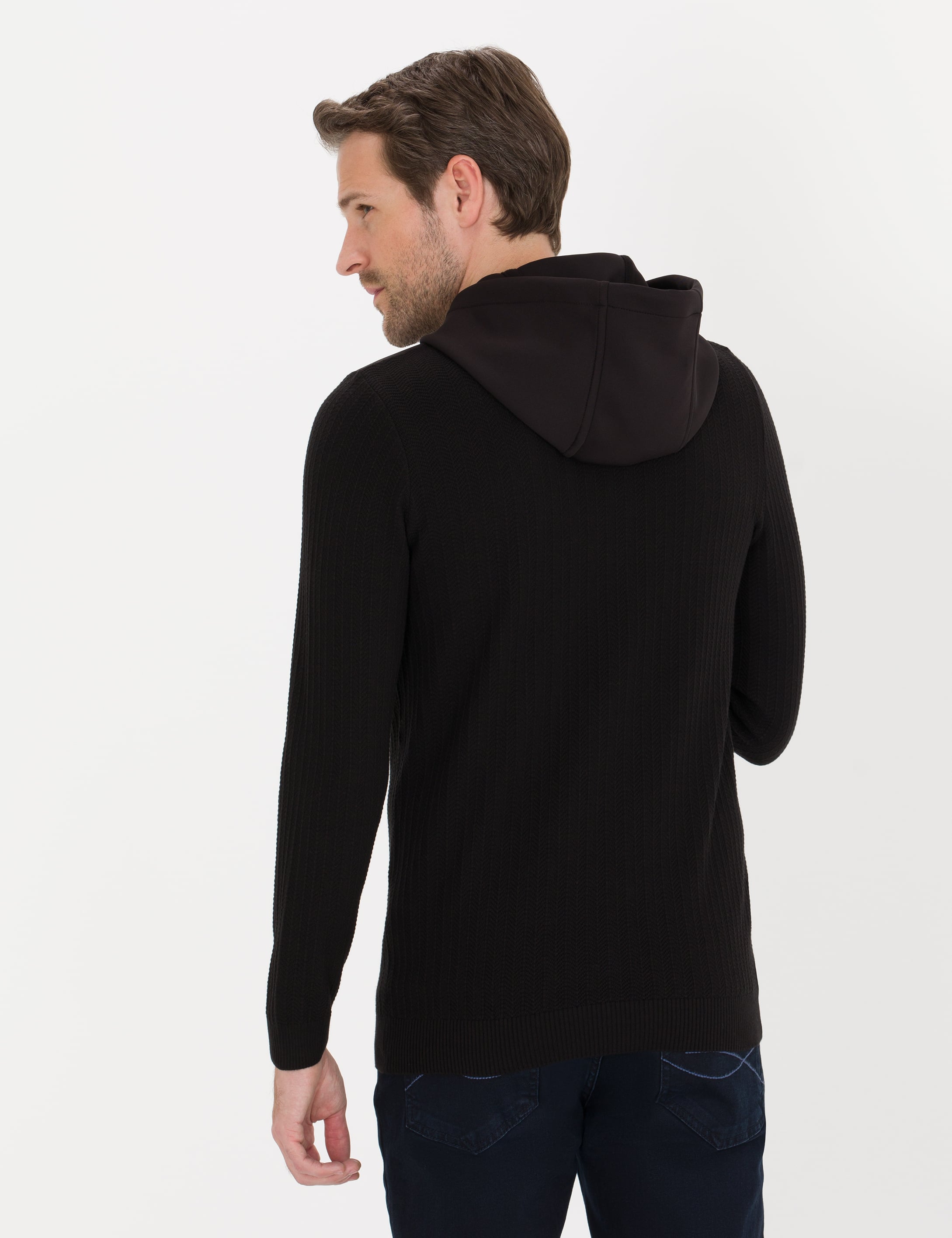 Siyah Slim Fit Kapüşonlu Triko Kazak - Image 5