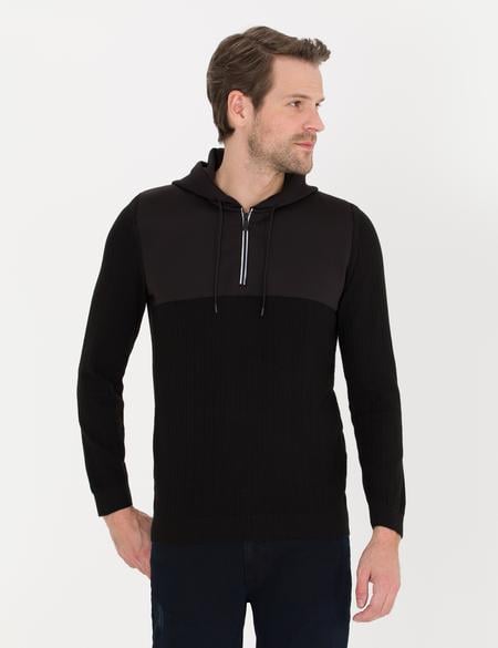 Siyah Slim Fit Kapüşonlu Triko Kazak - 50258654003
